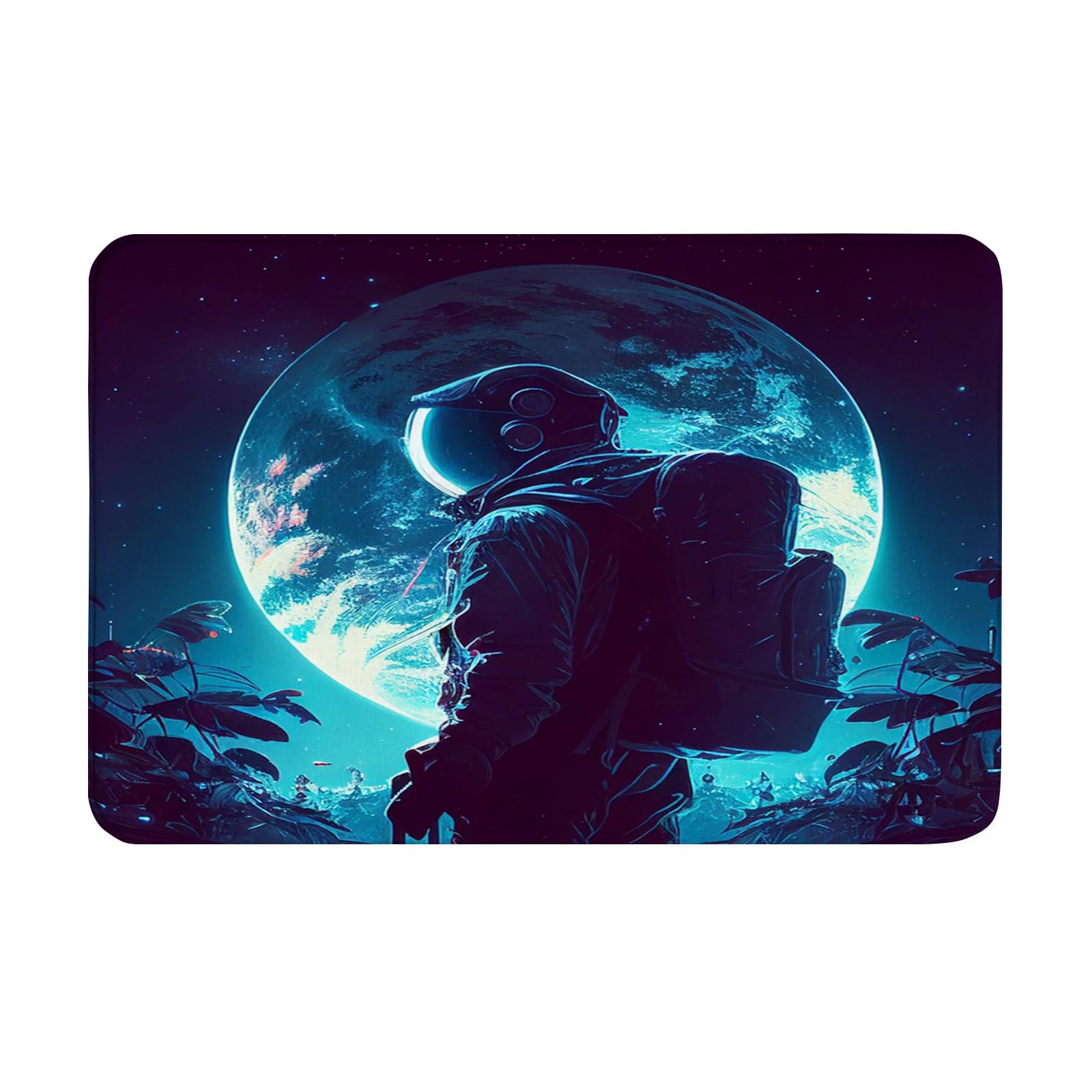 OOZ Non-Slip Flannel Soft Doormat Floor Entryways Outdoor Indoor Front Door Mat,Astronaut and Moon Design Bath Mat,Multicolor
