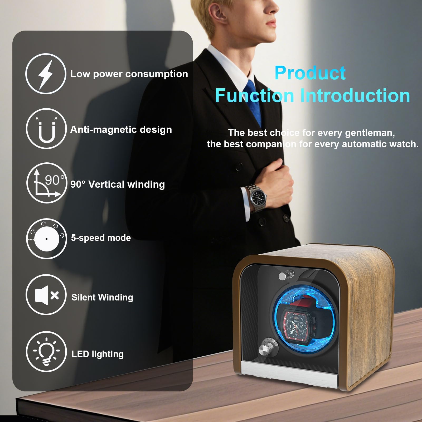 Watch Winder for Automatic Watches, Single Watch Winders Box for Rolex, Walnut Grain Design with 4 Rotation Mode Setting & Blue LED Light, Supports 2 * AA Batteries (Not Included), Gift for Man