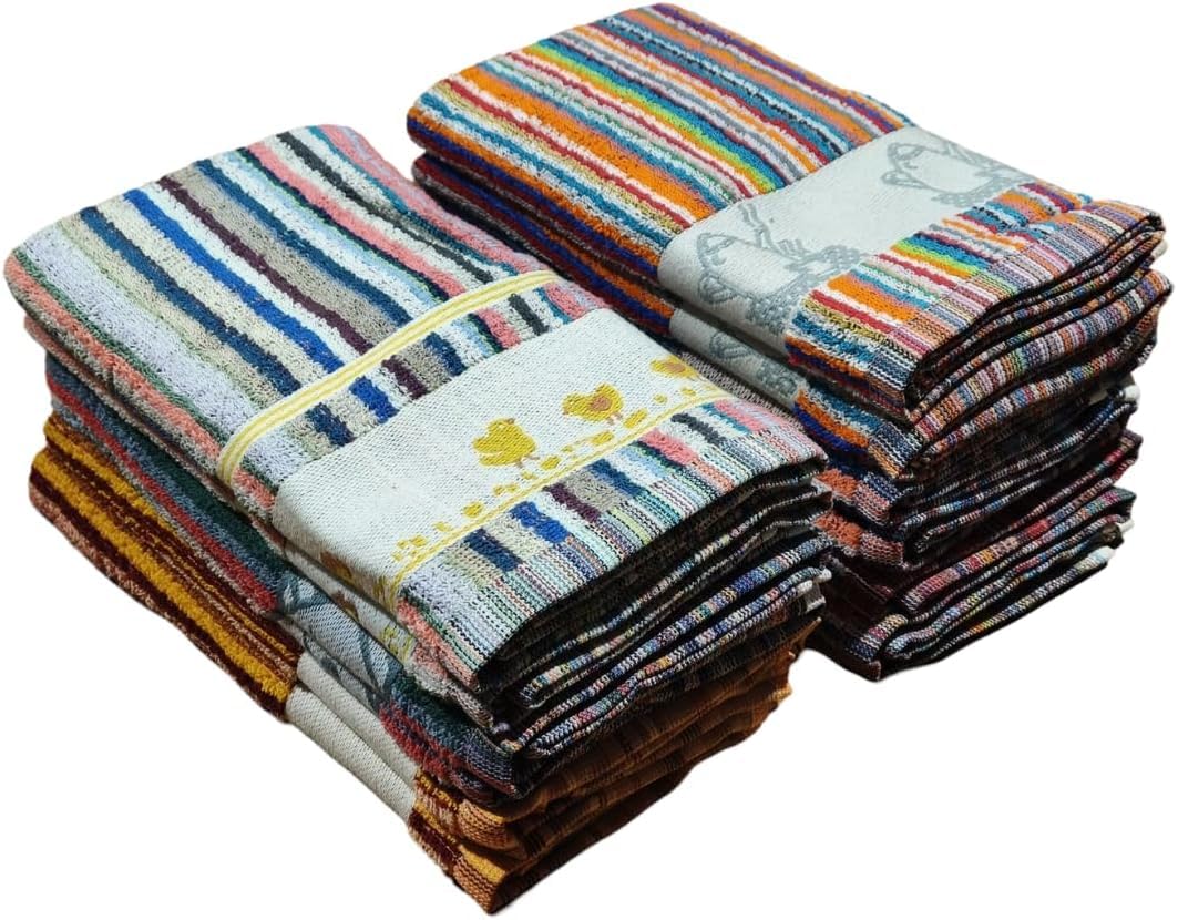 ZD Paños de Cocina RIZO 100% Algodón Multicolor Rayas Con Dibujo Bordado Pack 12 Toallas de Cocina