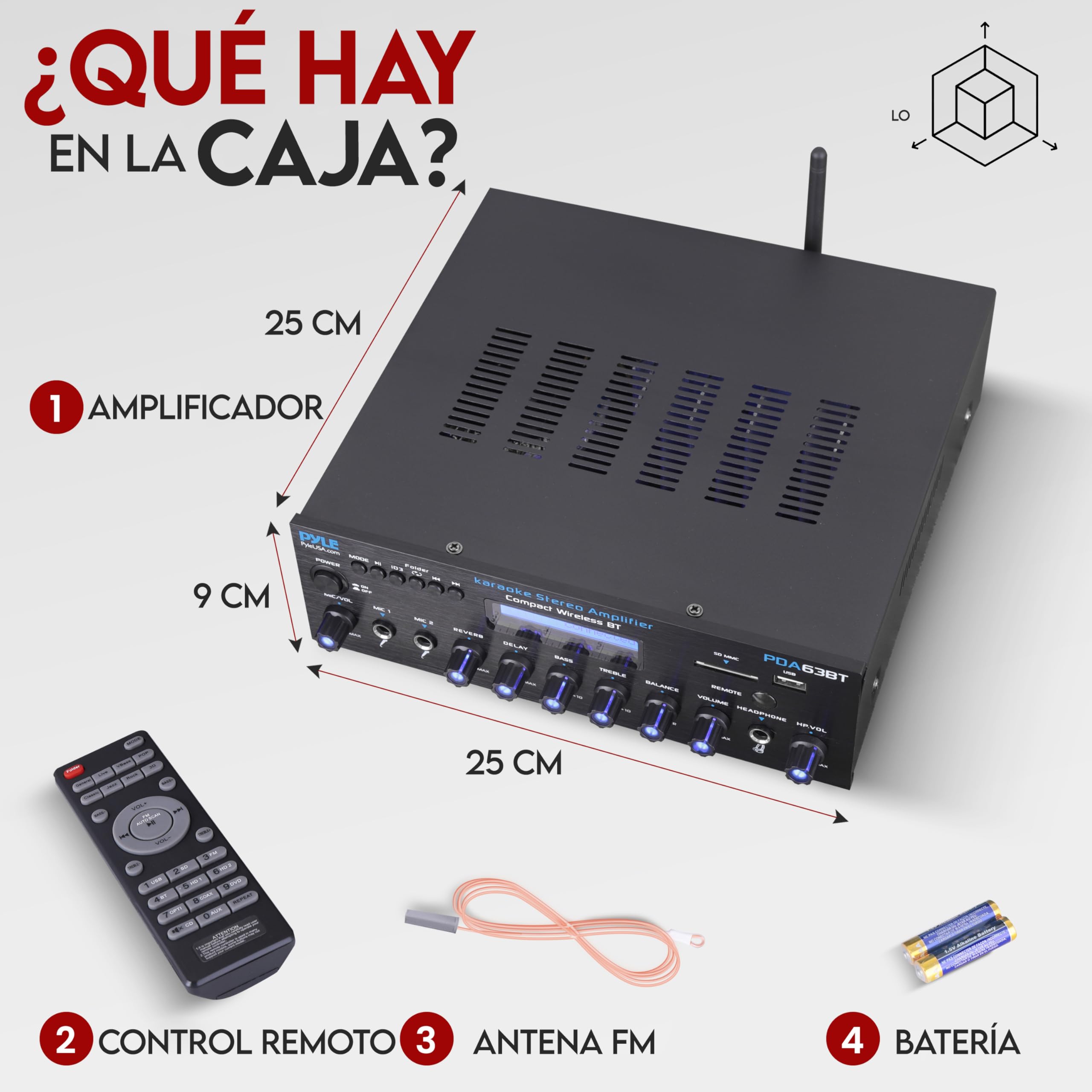 Pyle Amplificador Estereo BT, Inalambrico, Multicanal, 200V, para el hogar, Radio FM, USB, SD, AUX, RCA, Entrada de microfono