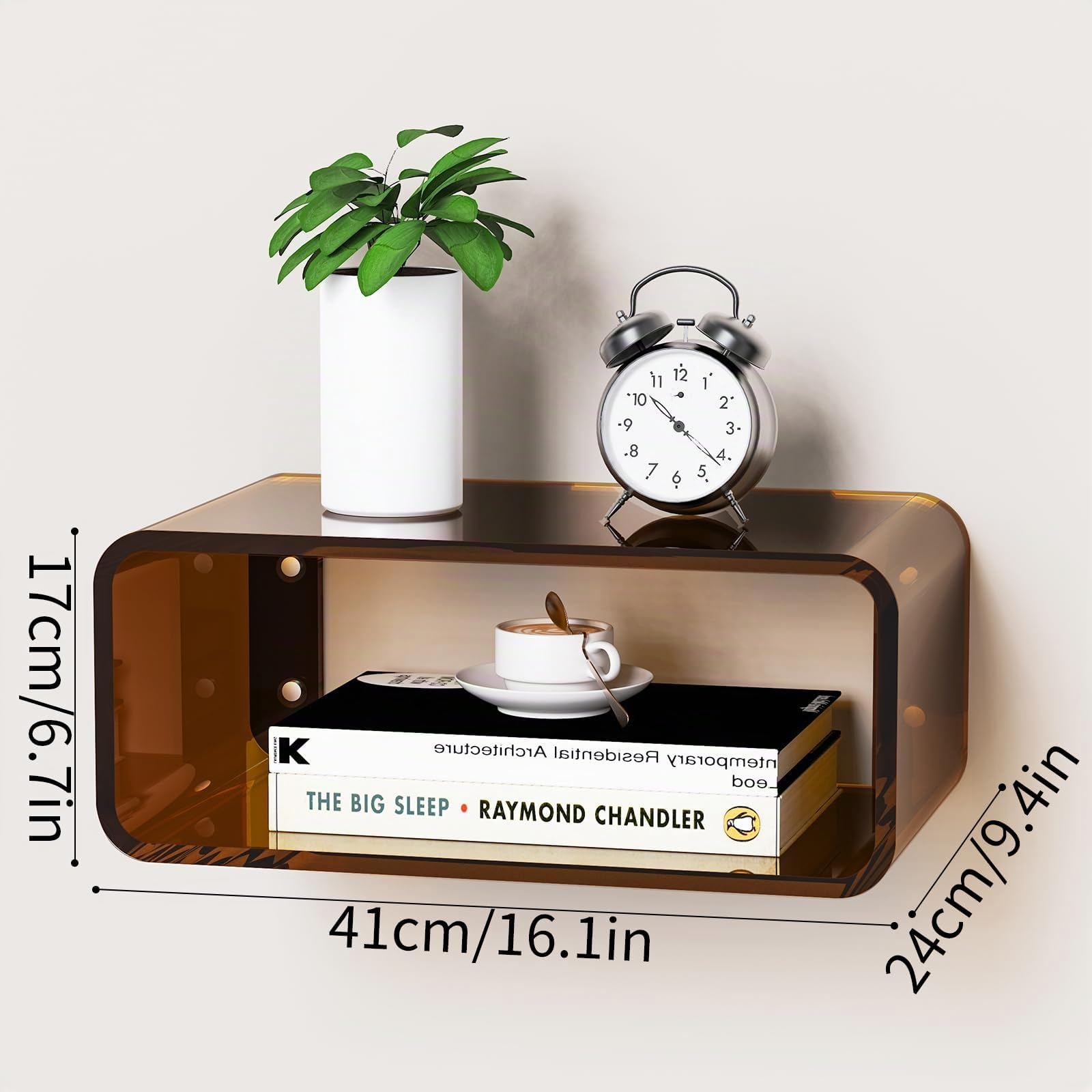 Comodino Sospeso in Acrilico (marrone scuro) | Comodino Galleggiante Mensola da Parete Design Moderno, Minimalista ed elegante