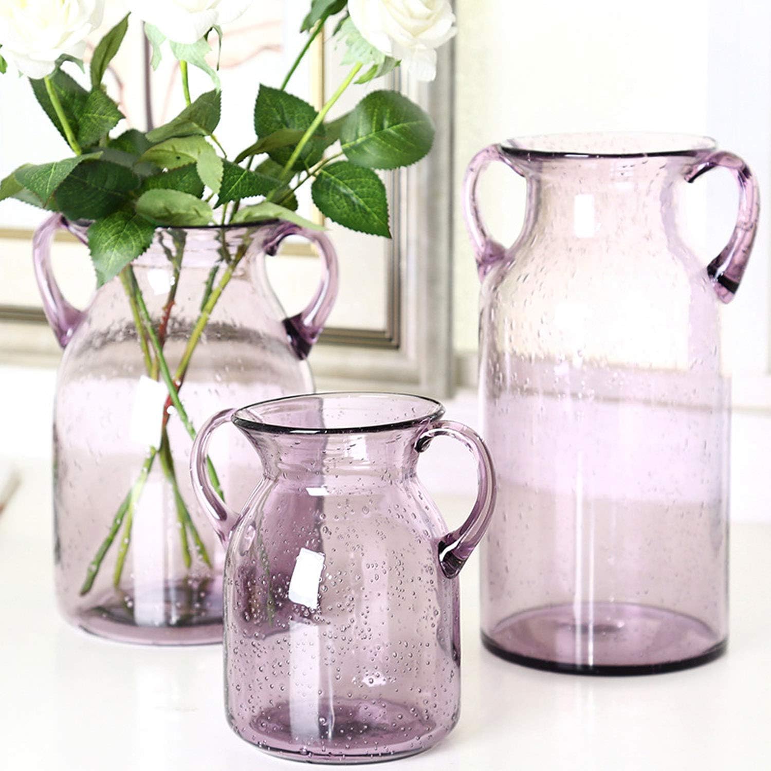 Small Clear Glass Vase with Double Ear and Decorative Handmade Filler Bubbles, (Blue, Purple, Grey, Green) Colorful Flower Vases for Decor(Purple-Small)