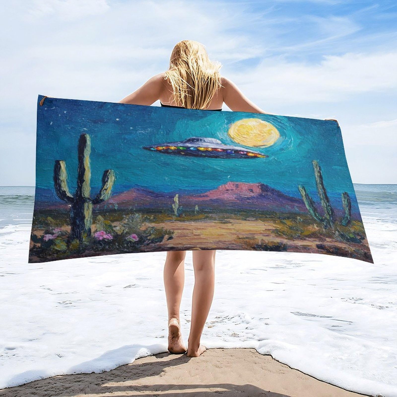 Luyysky Vintage Realistic Western Desert Quick-Drying Beach Towel, Retro Oil Painting Full Moon Landscape Plant Cactus Floral Ufo Travel Vacation Single Sided Pile Bathroom Towels-80 W Cm X 160" L Cm