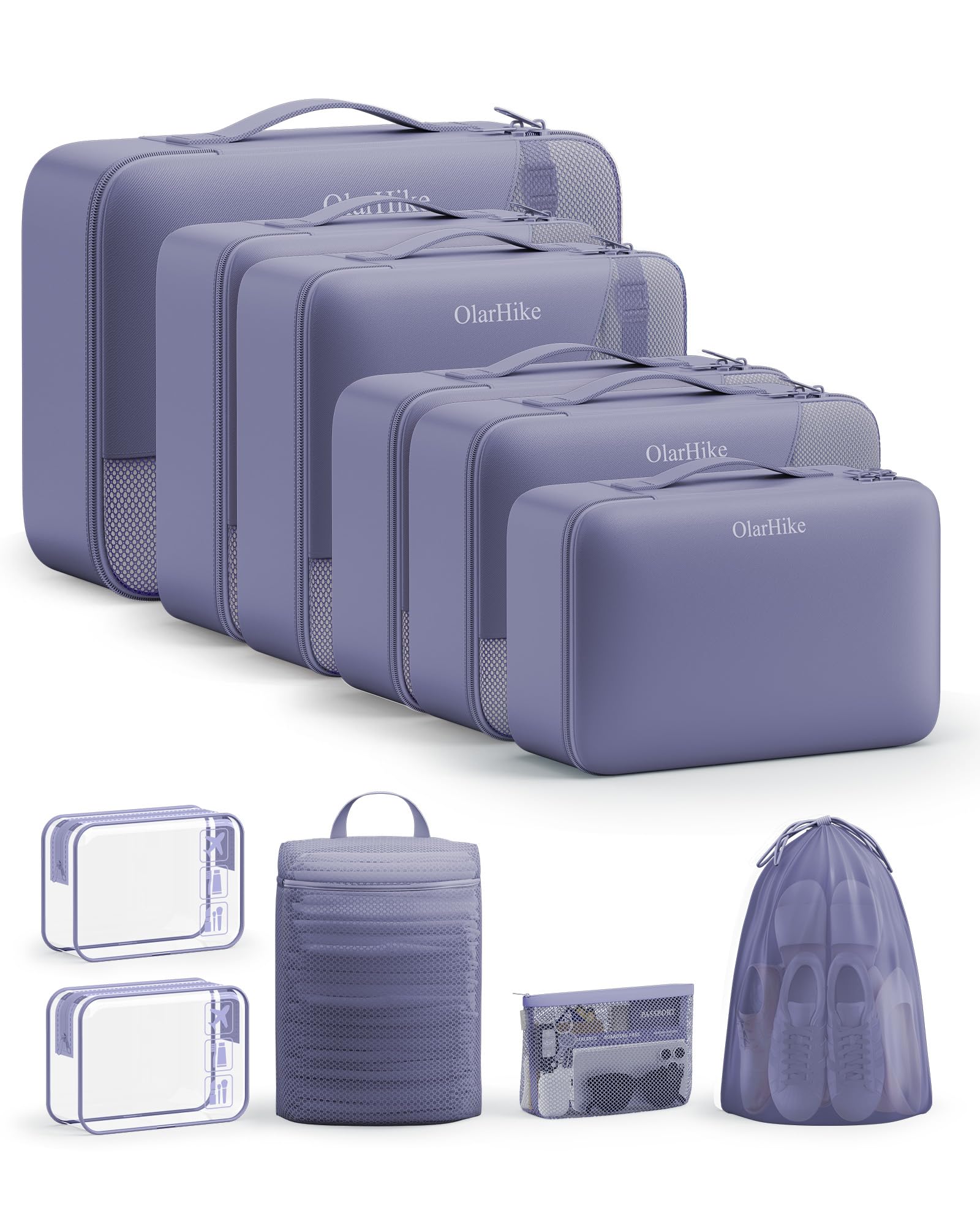 OlarHike Packing Cubes for Travel,Gifts for Women Mom,Anti-Tearing Suitcase Organizer for Luggage with Shoe &amp; Hanging Toiletry Bag,Vacation Essentials &amp; Accessories for Cruise Ship,11 Set,Purple Gray