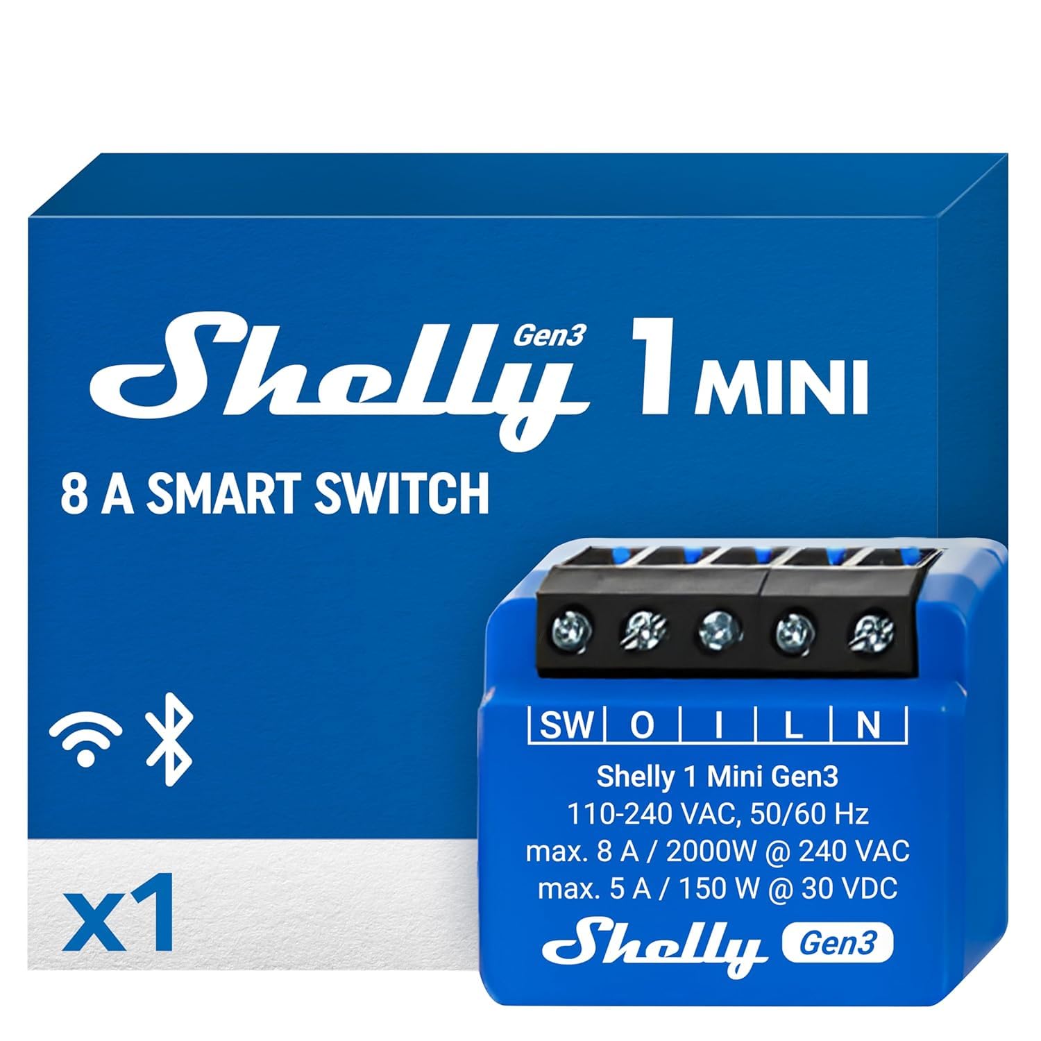 Shelly 1 x mini 3 generacji, 4-pak, WiFi i Bluetooth, 1 kanał 8 A, inteligentny przełącznik domowy, kompatybilny z Alexa i Google Home, aplikacja na iOS/Android, suche kontakty