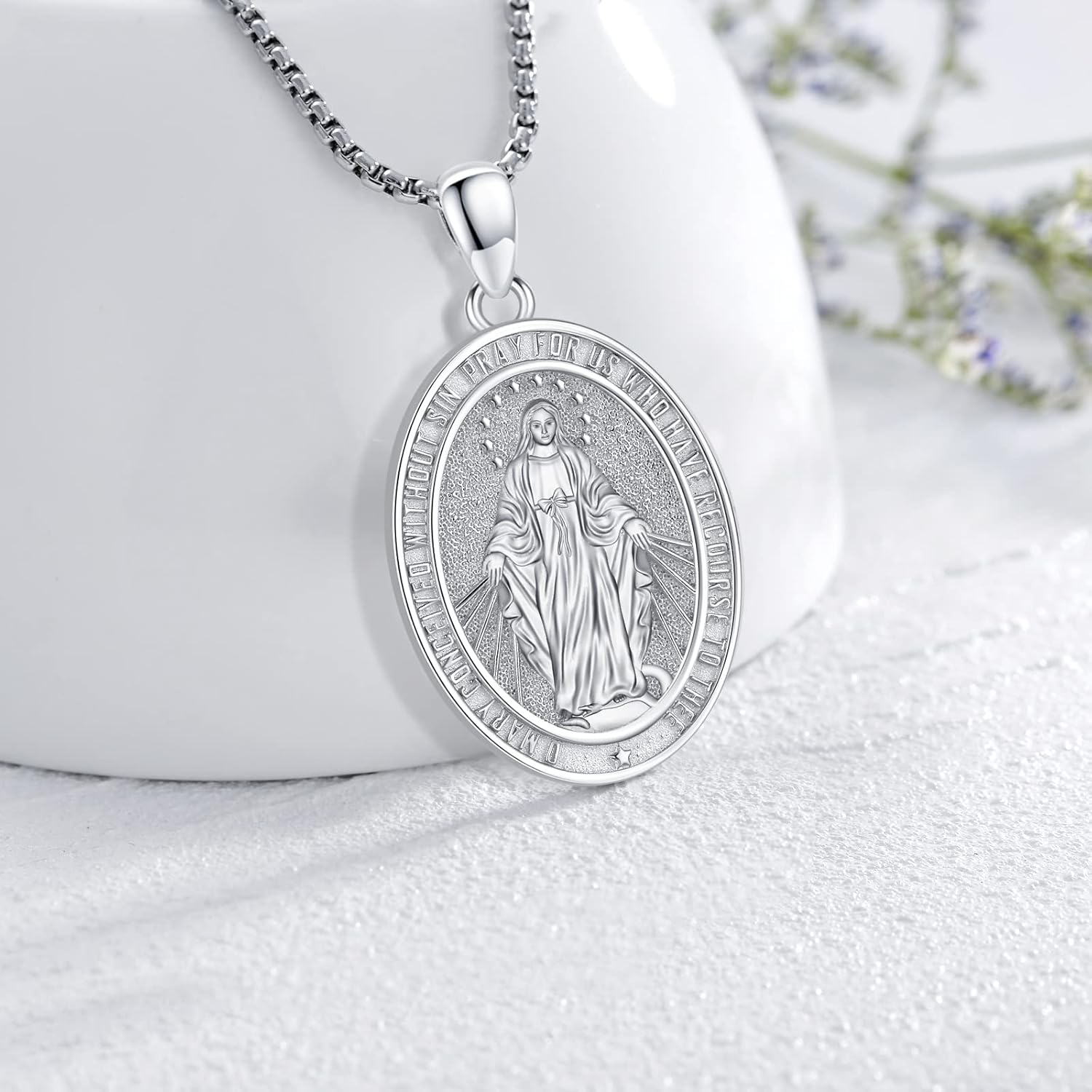 S925 Sterling Silver Miraculous Medal Necklace for Women Men Catholic Virgin Mary Charm Pendant Necklace Blessed Mother Pendant Christian Jewelry - Image 2