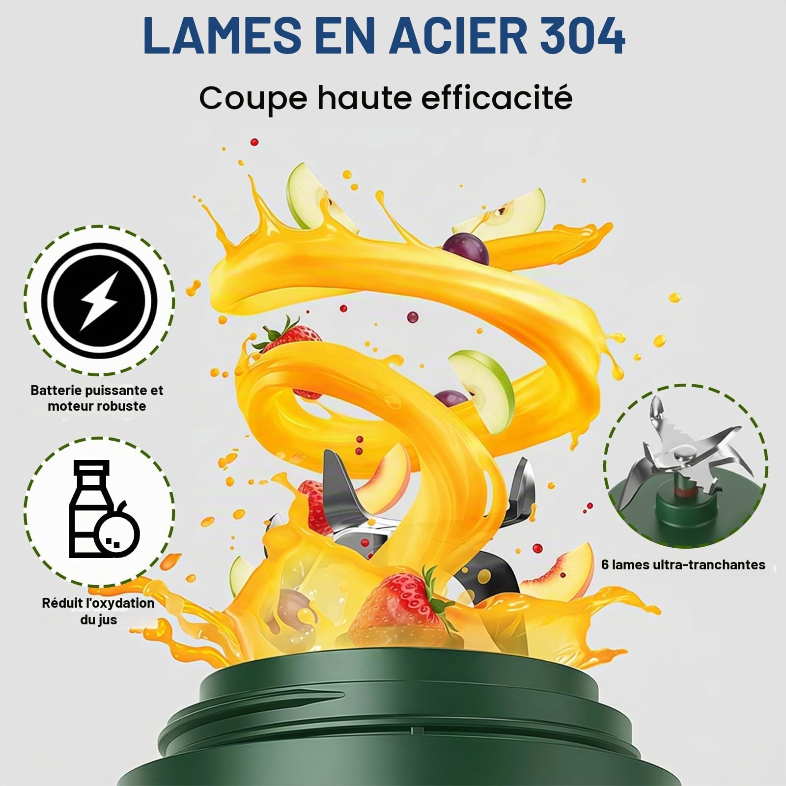 TOPESCT Mixeur portable pour shakes et smoothies,mini mixeur personnel 500 ml,rechargeable par USB avec 6 lames ultra-tranchantes pour les voyages,le bureau et le sport(Vert noirâtre)
