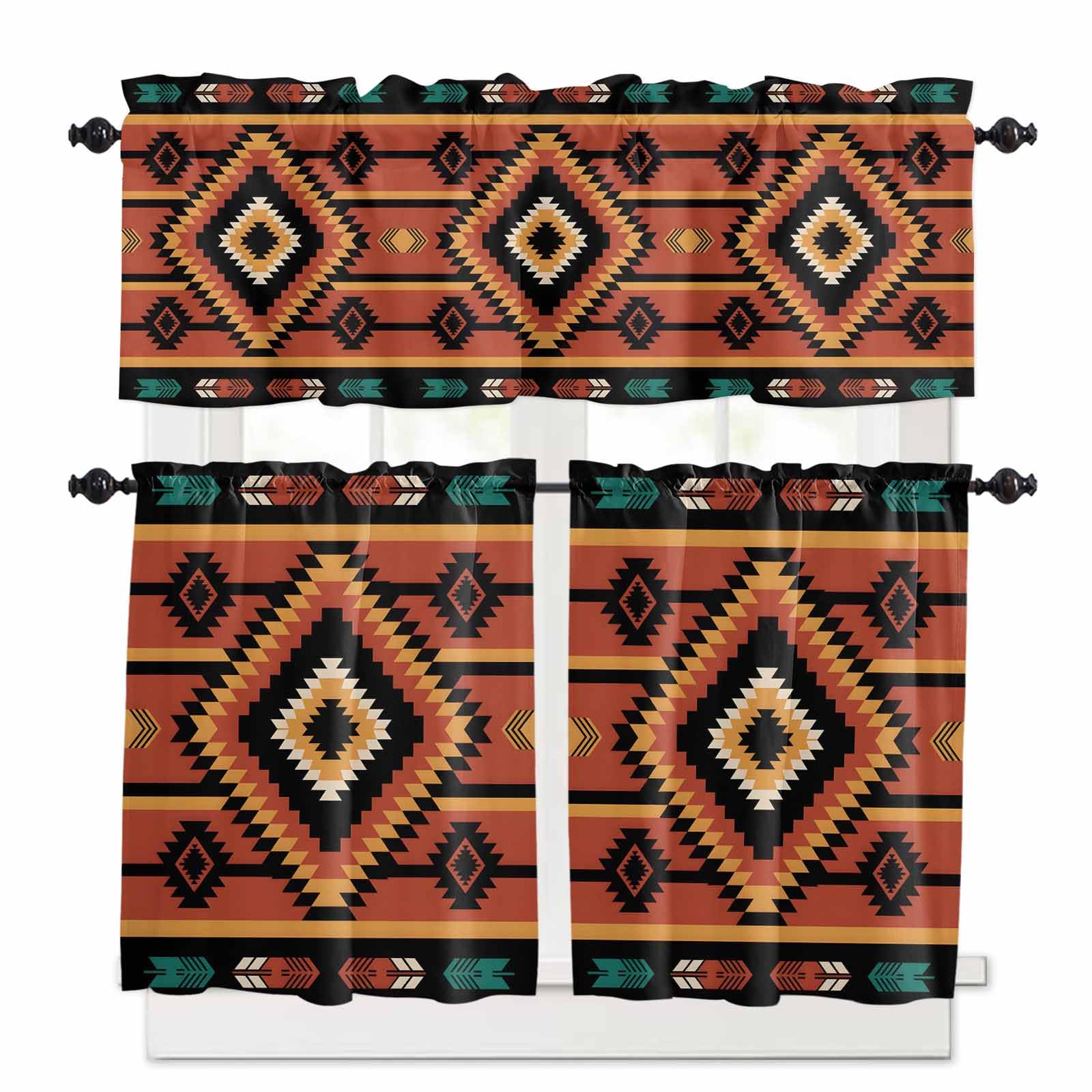 Aztec Southwest Kitchen Curtains 36 Inch Length, 3 Piece Rod Pocket Small Half Tiers and Valance Set, Orange Black Boho Tribes Abstract Small Large Window Treatment Decor for Bedroom/Bathroom Sink