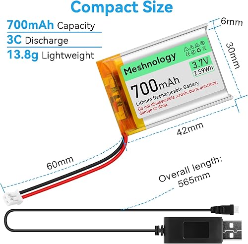 Miniatura 6 de Batería Lipo de 3.7 V 700 mAh 603040 Batería recargable de polímero de litio con cable de carga USB, conector micro Ph1.25, circuito de protección