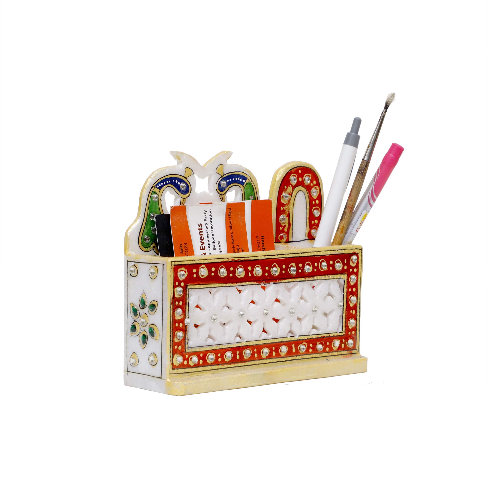 Anjali Arts Decorative Rectangle Marble Pen Stand for Office Table | Handicraft Home Decor Designer Peacock Design Pen Holder with Rajasthani Meenakari Work for Home (Multicolor, 4.5x5.5 Inch)