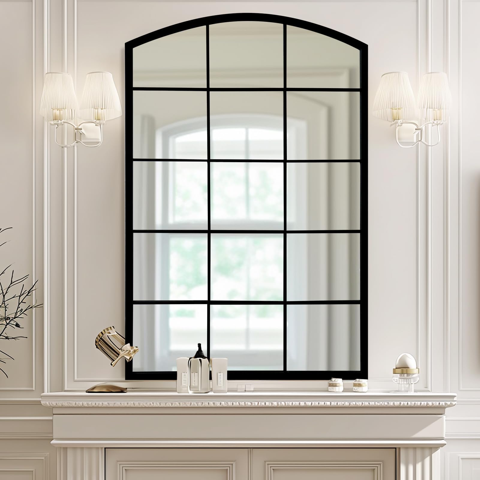 Arched Window Metal Mirror, Black Large Rustic Windowpane Wall Mirror for Decor Living Room Entry Bedroom(24"x36")
