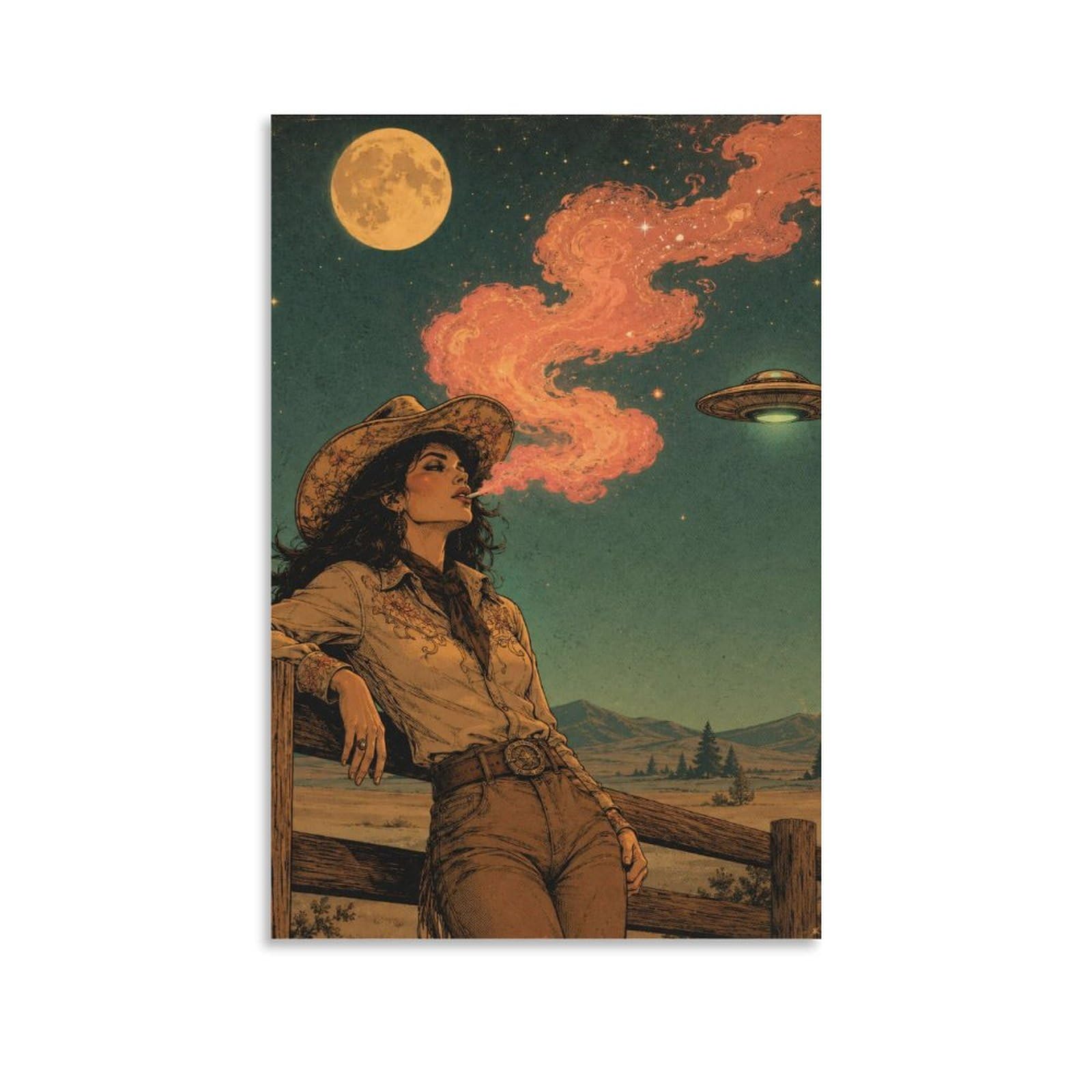 W7C8U2X3 UFO Cowgirl Western Moon Canvas Wall Art, Western Cowgirl Wall Art