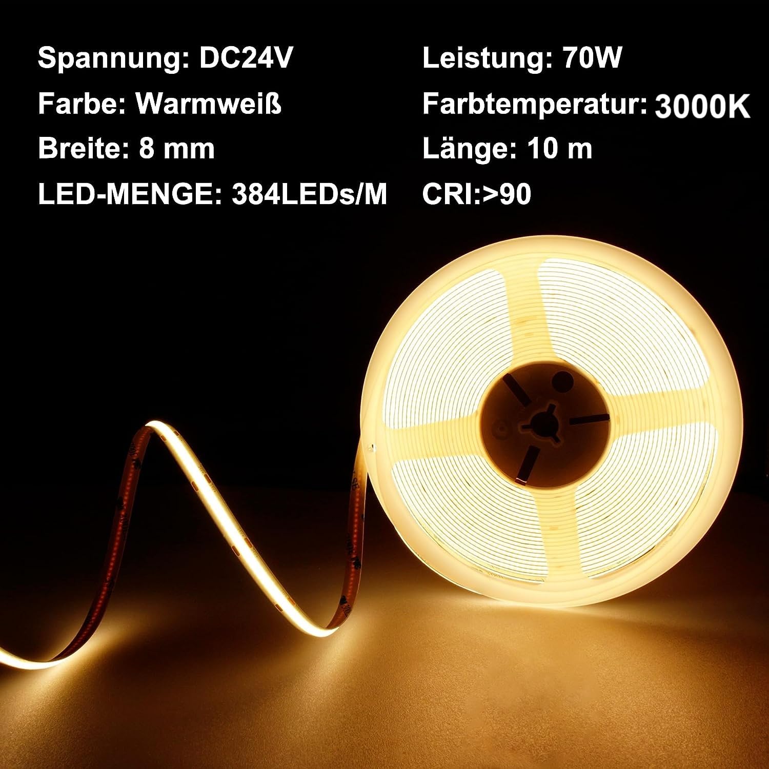 Kit di strisce LED COB, striscia LED senza punti con telecomando e alimentatore, DC24V, CRI> 90, larghezza 8 mm, luci a LED continue dimmerabili, per decorazione della camera da letto (3000