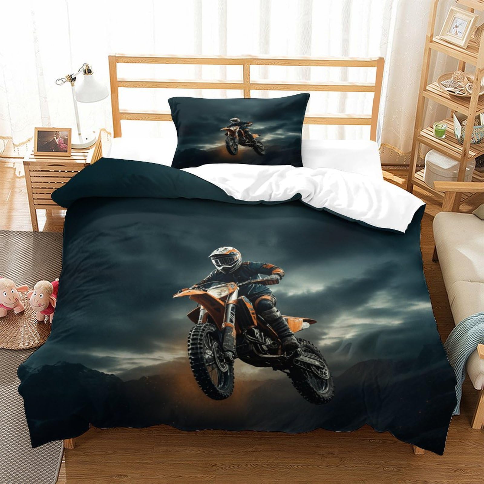 DAFUfbw Motocross Lovingly Quilt Cover Set Hidden Zipper Mountain Moto- Racing Duvet Cover Set with Pillowcases Bed Linen Set Soft Microfiber Comforter Cover for Kids Adults Single（135x200cm）