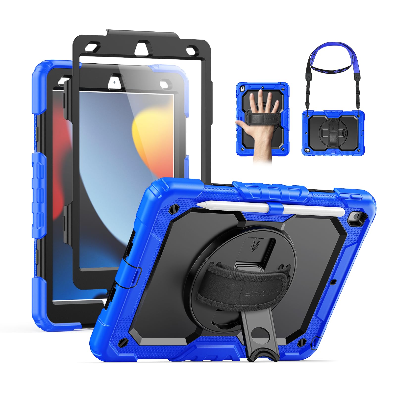 SEYMAC for iPad 9th/8th/7th Generation Case 10.2" 2021-2019, Full-Body Shockproof Protective Case with Screen Protector, Rotating Stand/Handle/Shoulder Strap for iPad 10.2, Blue/Black