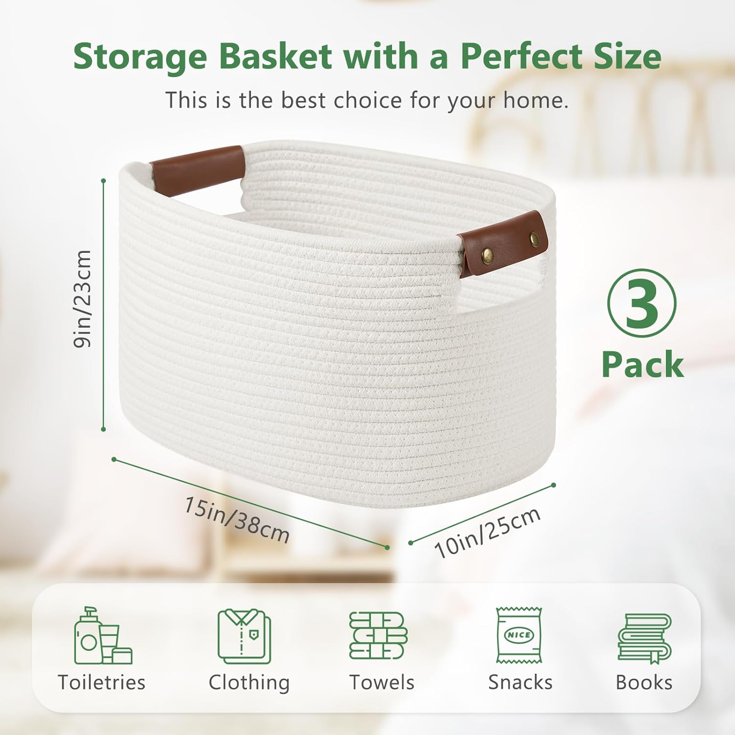 Cotton Rope Basket, Storage Baskets with Handle, 15x10x9 Inch Woven Basket for Shelves, Laundry, Towels, Clothes, Books (White 3Pack)