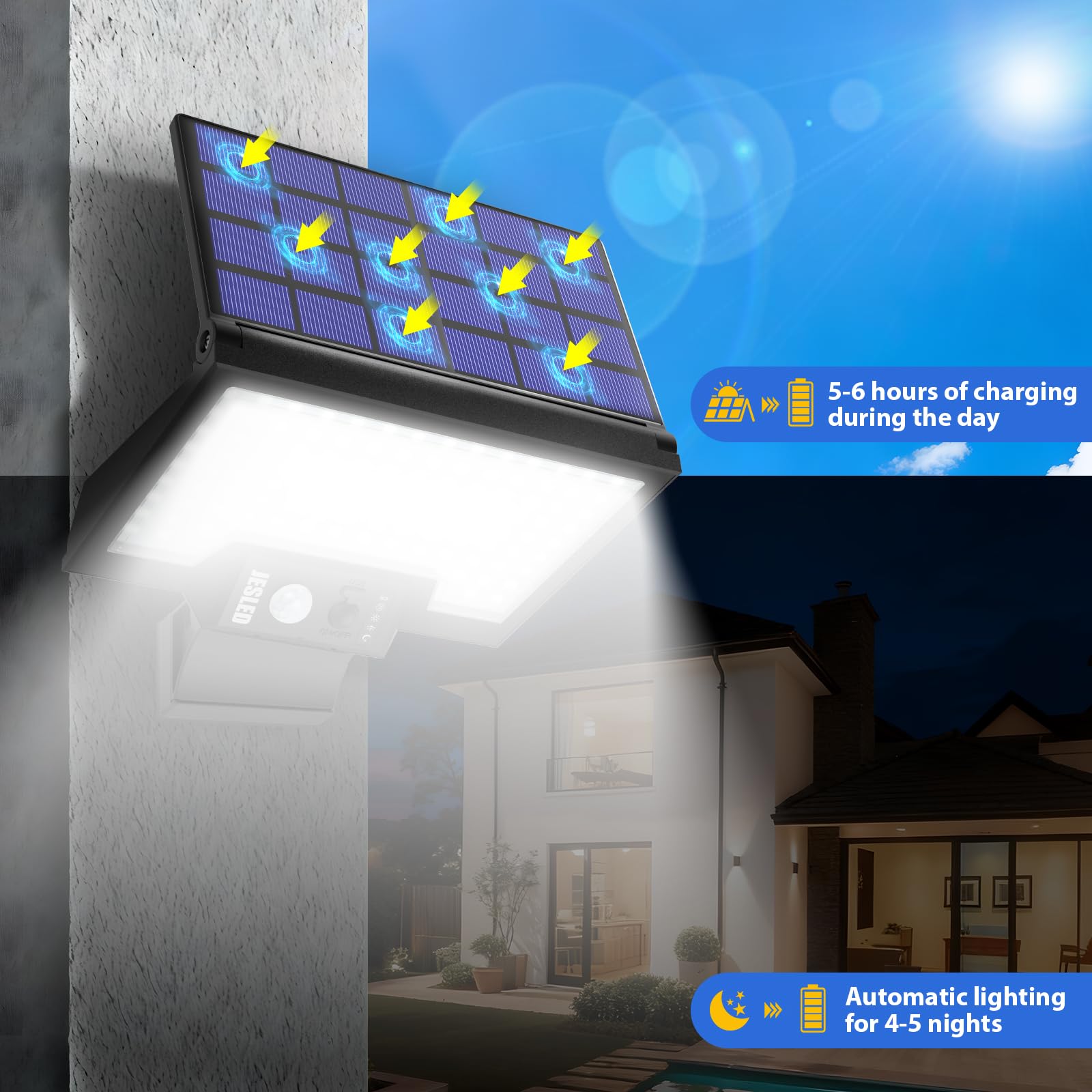 JESLED Solarlampen für Außen mit Bewegungsmelder, 108LEDs 3CCT Drehbare Solar Aussenleuchte, 4 Modi Solarleuchten Für Außen, IP65 Wasserdichte Wandlampe für Garten Hof Garage （4P） | Drehbare Solar Aussenleuchte 4 Modi Solarleuchten Für Außen, IP65 Wasserd