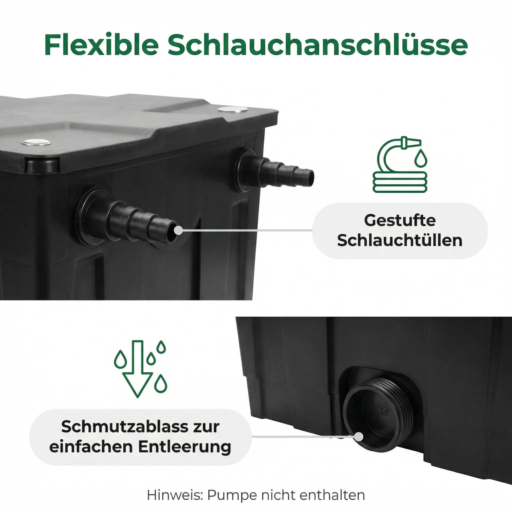 Pondlife Teichfilter CBF-350 Bio-Mehrkammer Durchlauffilter für Gartenteich bis 10.000 l, integriertes analoges Thermometer im Deckel, gestufte Schlauchtüllen, Schmutzablass zur einfachen Reinigung