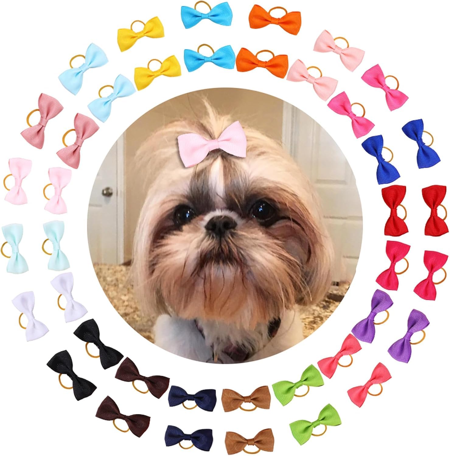chiduerm 40Pcs Puppy Dogs Hair Barrettes Bows with Rubber Bands,Hair Accessories Bow Pet Grooming Cute Pet Small Hair Bowknot (Red A)
