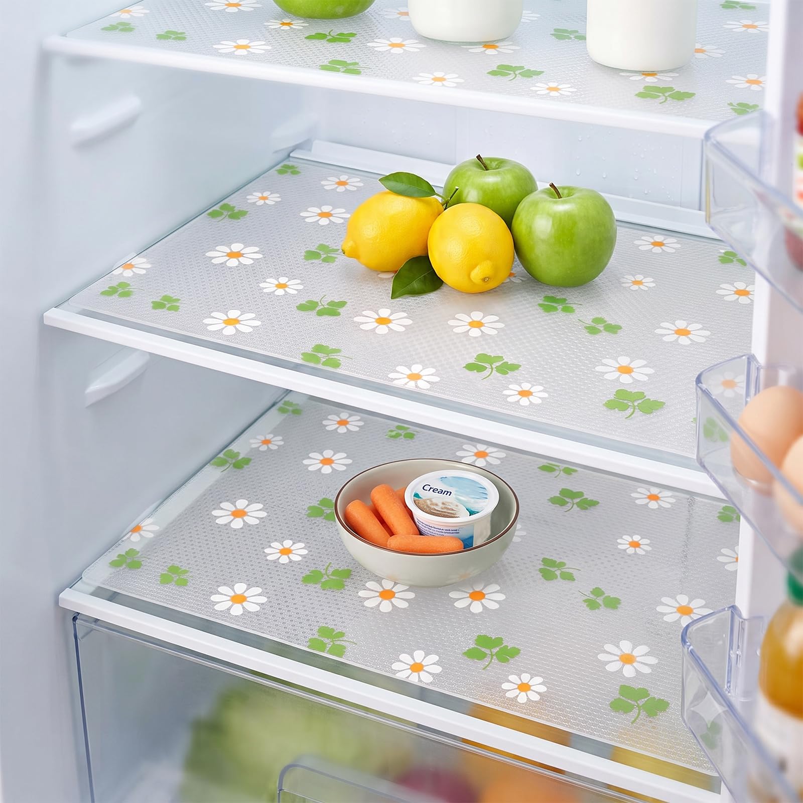 Daisy Fridge Mats for Shelves 30×45 cm, 4 Pcs Cuttable EVA Drawer Fridge Liners, Dual-Sided Non Slip Waterproof Refrigerator Shelf Liner for Kitchen Cabinet Storage (4 Pieces Daisy)