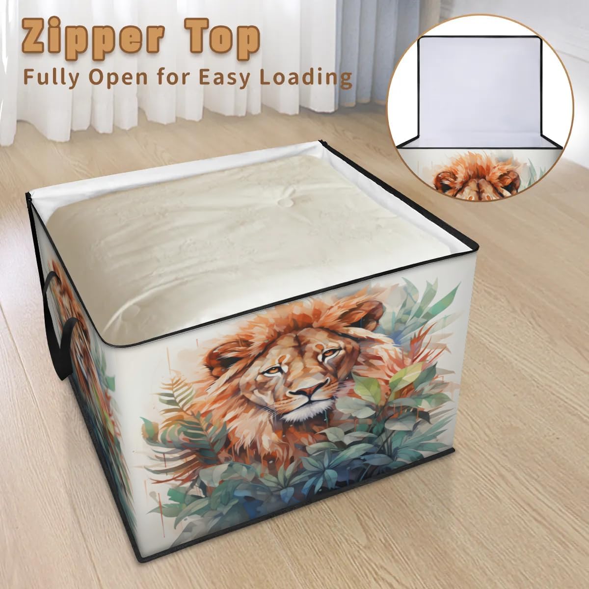Honeybaby 214L Extra Large Comforter Storage Bag Forest Lions Animal Storage Totes with Lids Waterproof Closet Organizer Folding Blanket Storage Bags for Clothes Bedding Pillows