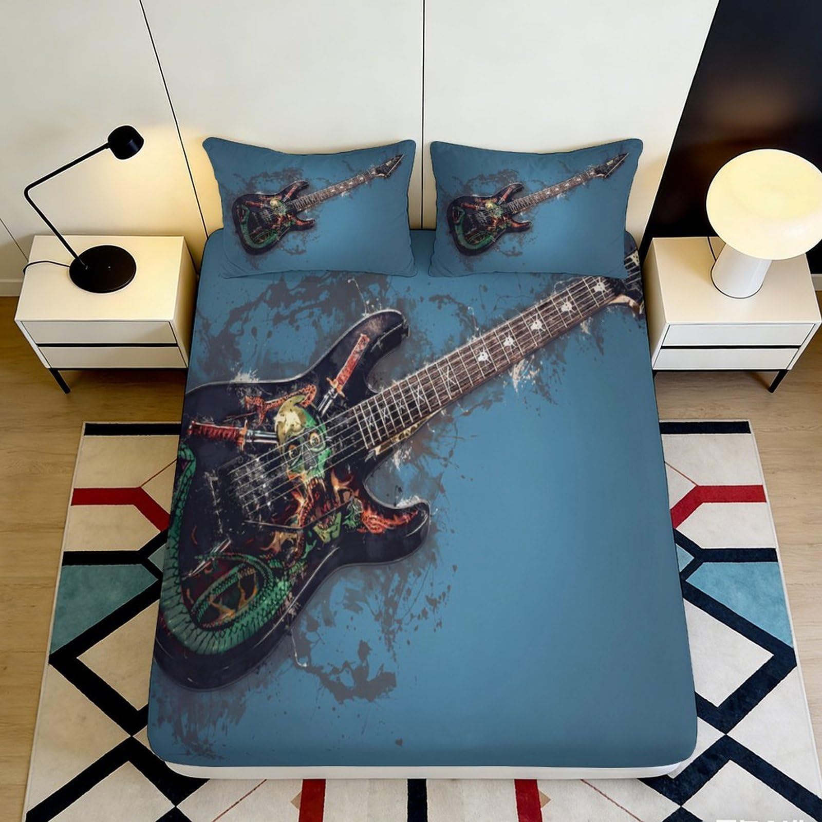 3D Printed Electric Guitar Fitted Sheet Microfiber Blue Artistic Music Bed Cover for Bedroom Dorm Mattress Decor 90x200x25cm