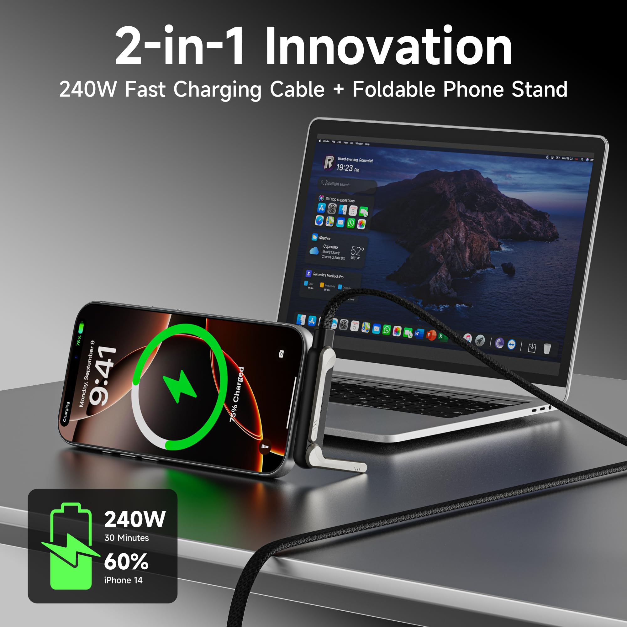 Cavo di ricarica rapida da USB C a USB C da 240 W con supporto integrato, cavo di ricarica invisibile per iPhone, cavo di ricarica piatto intrecciato a forma di T a 90 gradi per iPad, Samsung Pixel