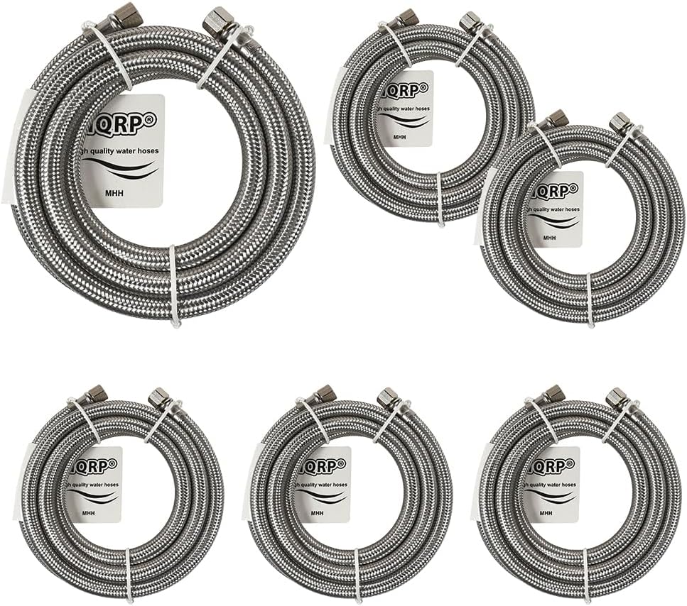 HQRP 6FT Refrigerator Water Line, Braided Stainless Steel Water Line for Refrigerator Ice Maker, 1/4" Comp x 1/4" Comp Fridge Water Hose, 6 Foot Ice Maker Supply Line (6-Pack)
