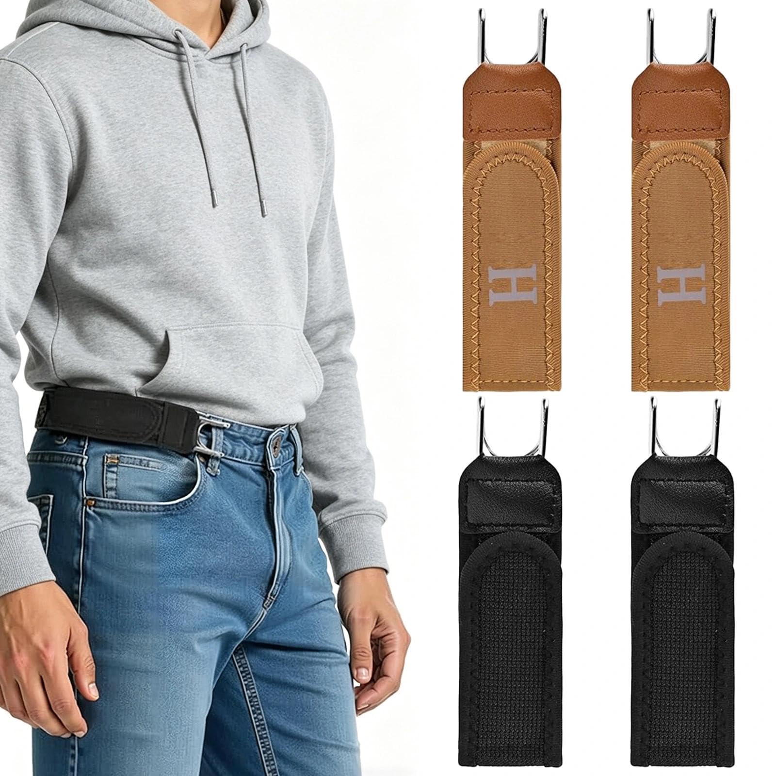 Soomuct 4PCS Unisex No Buckle Waist Straps, Adjustable Elastic Side Belt​ with Metal Hook, Invisible Buckleless for Jeans, Work, Casual & Business, Black & Brown Couple Belts