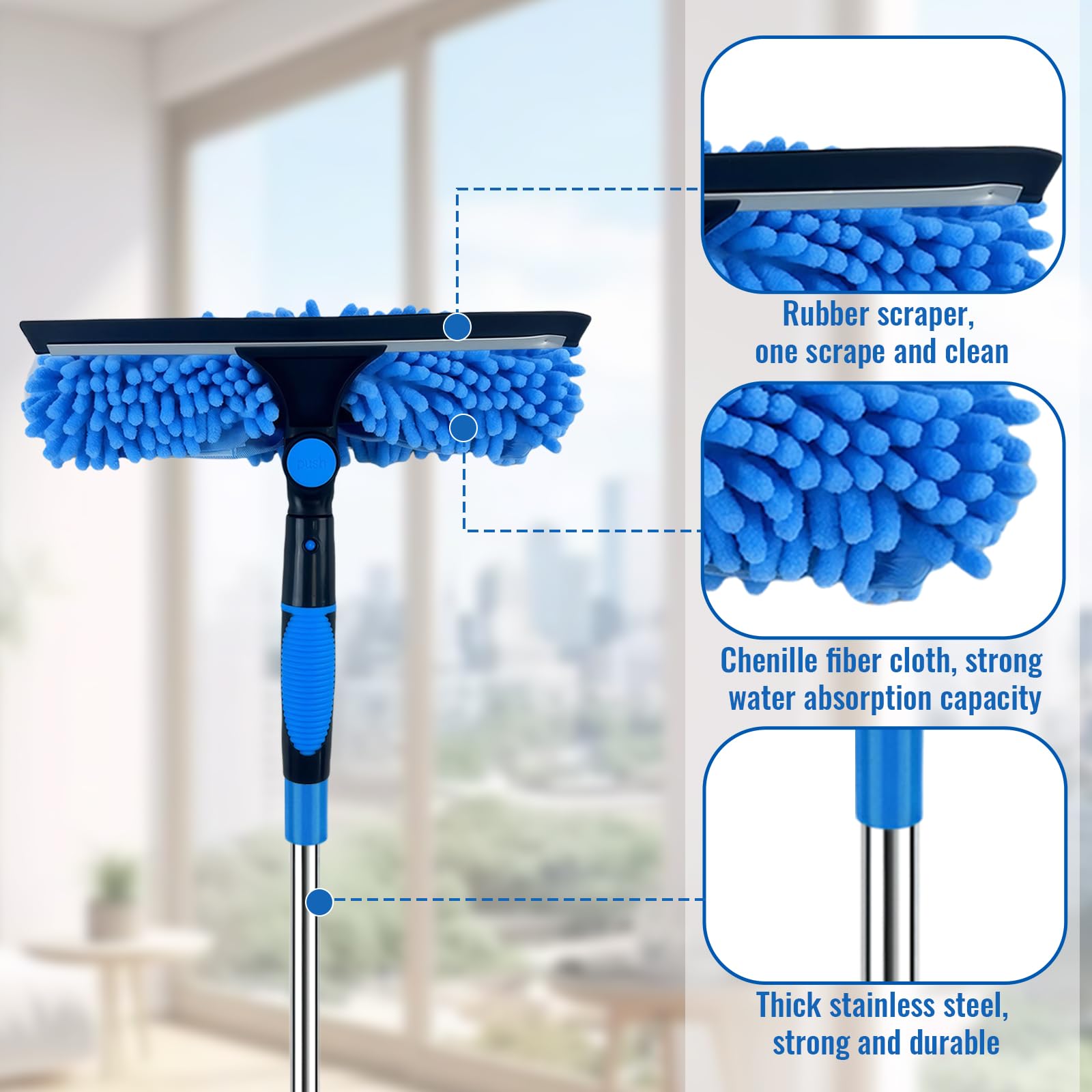 Kit de limpieza de ventanas extensible de 450 cm, limpiador profesional de cristales con paños de microfibra y chenilla, mango telescópico, limpiador de ventanas sin rayas