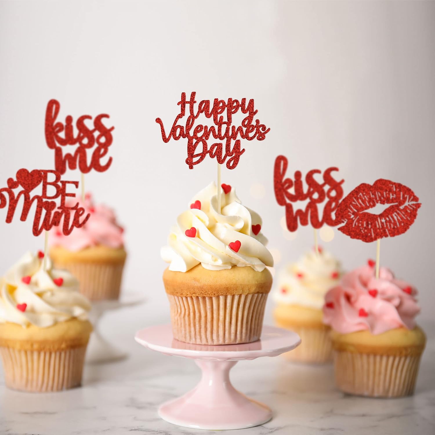 Gyufise 24 Pack Red Glitter Happy Valentine's Day Cupcake Toppers Be Mine Kiss Me Lipstick Cupcake Picks for Valentine Theme Sweet Love Theme Wedding Engagement Bridal Shower Party Cake Decorations - Image 5