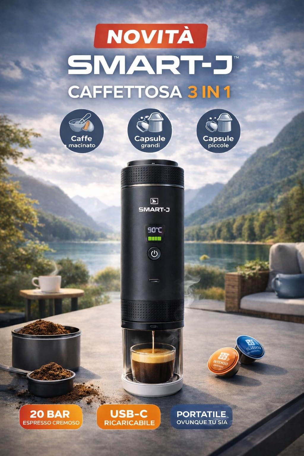 SMART-J Caffettosa Macchina da Caffè Portatile 3 in 1 Nera – Compatibile con Capsule e Caffè Macinato, Ricaricabile USB, Compatta per Viaggio, Auto e Ufficio, Pressione Elevata per Espresso Perfetto