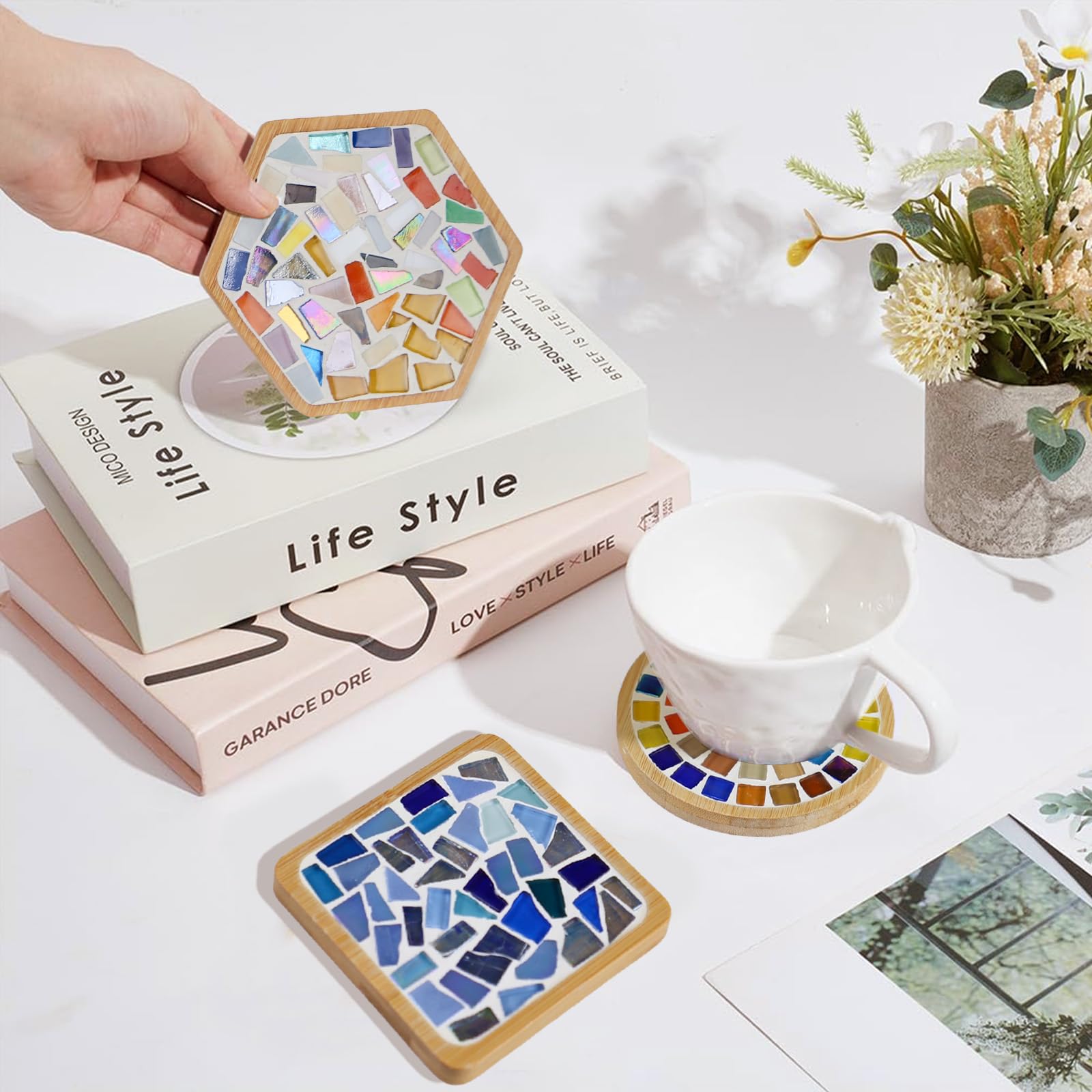 MOVATEK DIY Mosaik Untersetzer Bastelset für Erwachsene – 6 Stück Glas-Mosaik Untersetzer zum Selbstgestalten, Kreatives Bastelset für Entspannung, Geschenkidee & stilvolle Home Deko