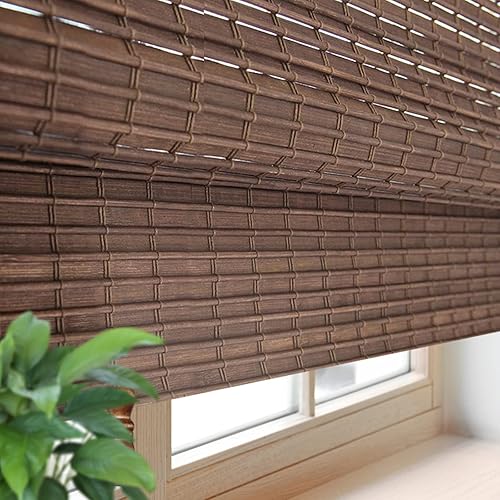 FACIMI Blackout Bamboo Roller Shades, Roll-Up Woven Roman Shades with 6" H Valance, Custom Light Filtering Bamboo Roller Blinds for Windows, Doors, Patio Door, Porch, Dark Brown