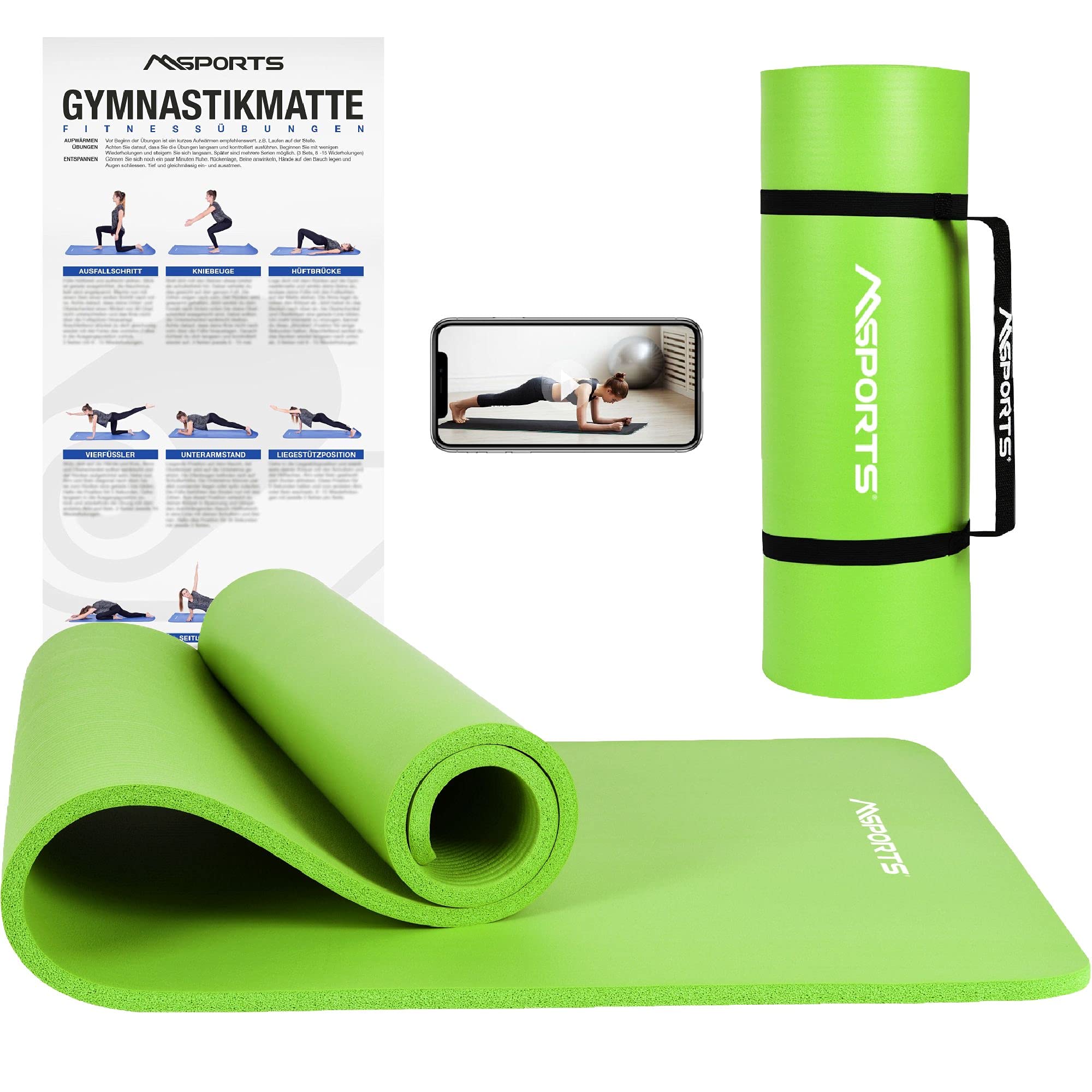 MSPORTS Tappetino da Ginnastica Premium 190 x 60 x 1,5 cm con Cinturino | Verde, Tappetino Yoga
