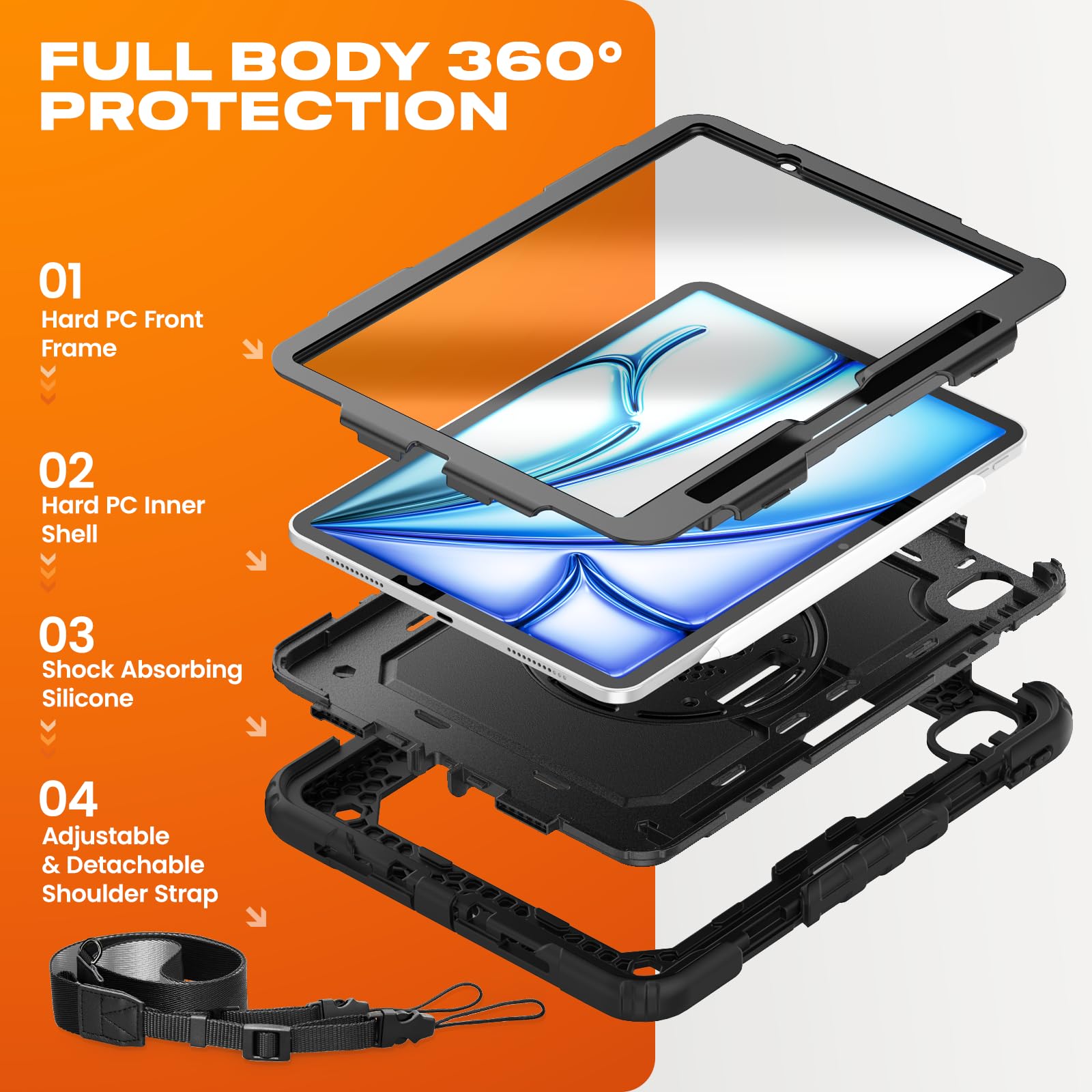 SEYMAC stock Case for iPad Air 11-inch M4-M2 2026-2024 Gen 8-6 Shockproof Heavy Duty Case with Screen Protector Pencil Holder Rotating Stand Hand Strap Shoulder Strap Black product thumbnail 7