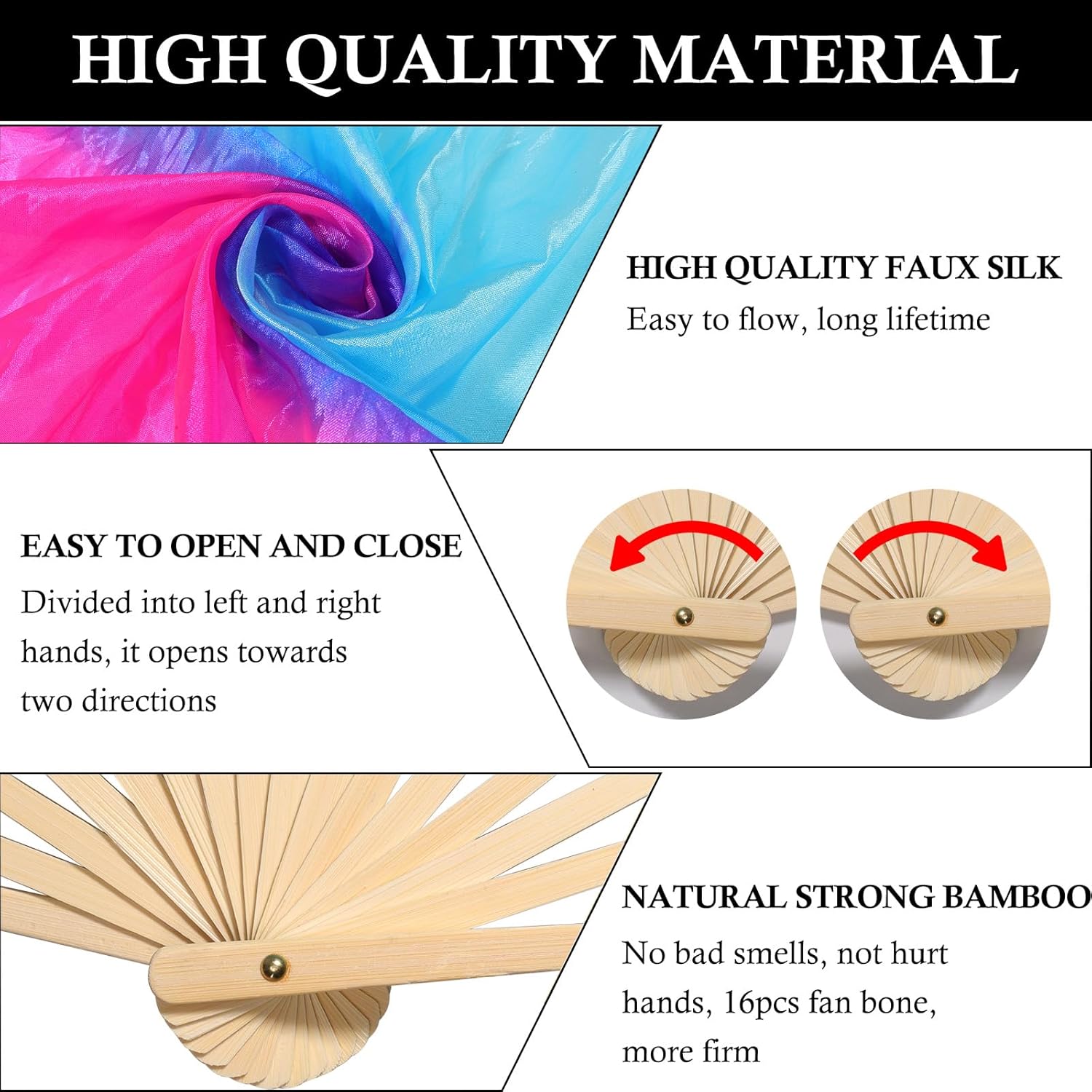 KIKIGOAL 1 Pair Women Faux Silk Belly Dance Fan Veil,Handmade Silk Dance Fan,Bamboo Long Veils For Dancing Performances - Image 3