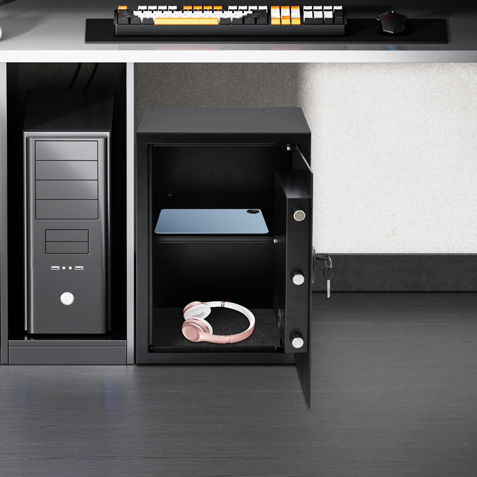Caja fuerte electrónica de acero de alta seguridad con sistema de alarma, capacidad de 2 niveles y apertura de emergencia para llaves, para casa, oficina, joyas y documentos (35 x 31 x 50 cm, negro)