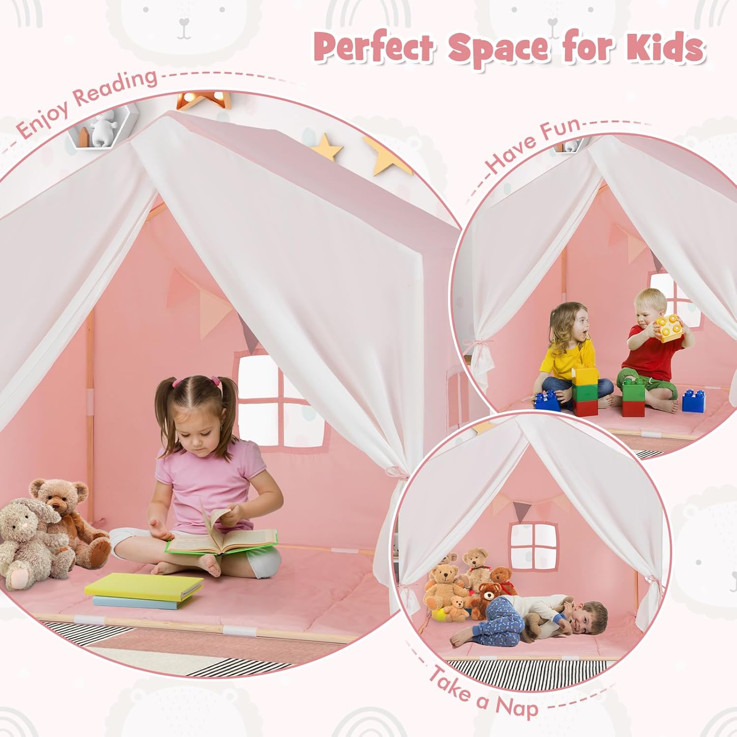 Costzon Large Kids Tent with Mat, Children's Play Tent w/Flag Banner, Windows, Gauze Curtain, Solid Wood Frame, Indoor Outdoor Kids Playhouse for Boys & Girls Age 3 + (Pink)