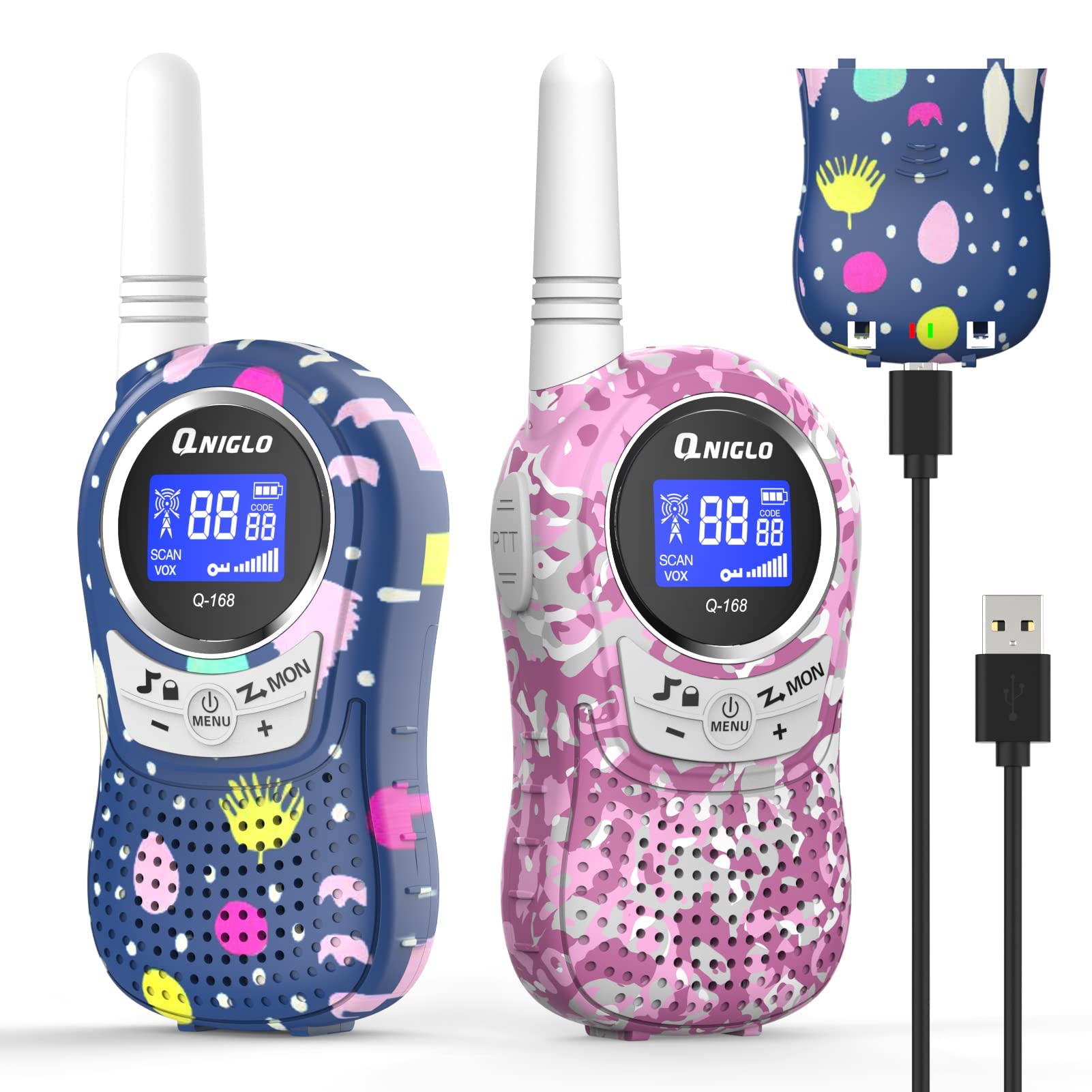 QNIGLO Q168Plus Camuflaje Walkie Talkie para Niñas, Comunicación Bidireccional 2Km Largo Alcance, Jugar&Aventura al Aire Libre,Juguetes Regalos para Niños, con Baterías de Litio(Camuflaje_RosaAzul)
