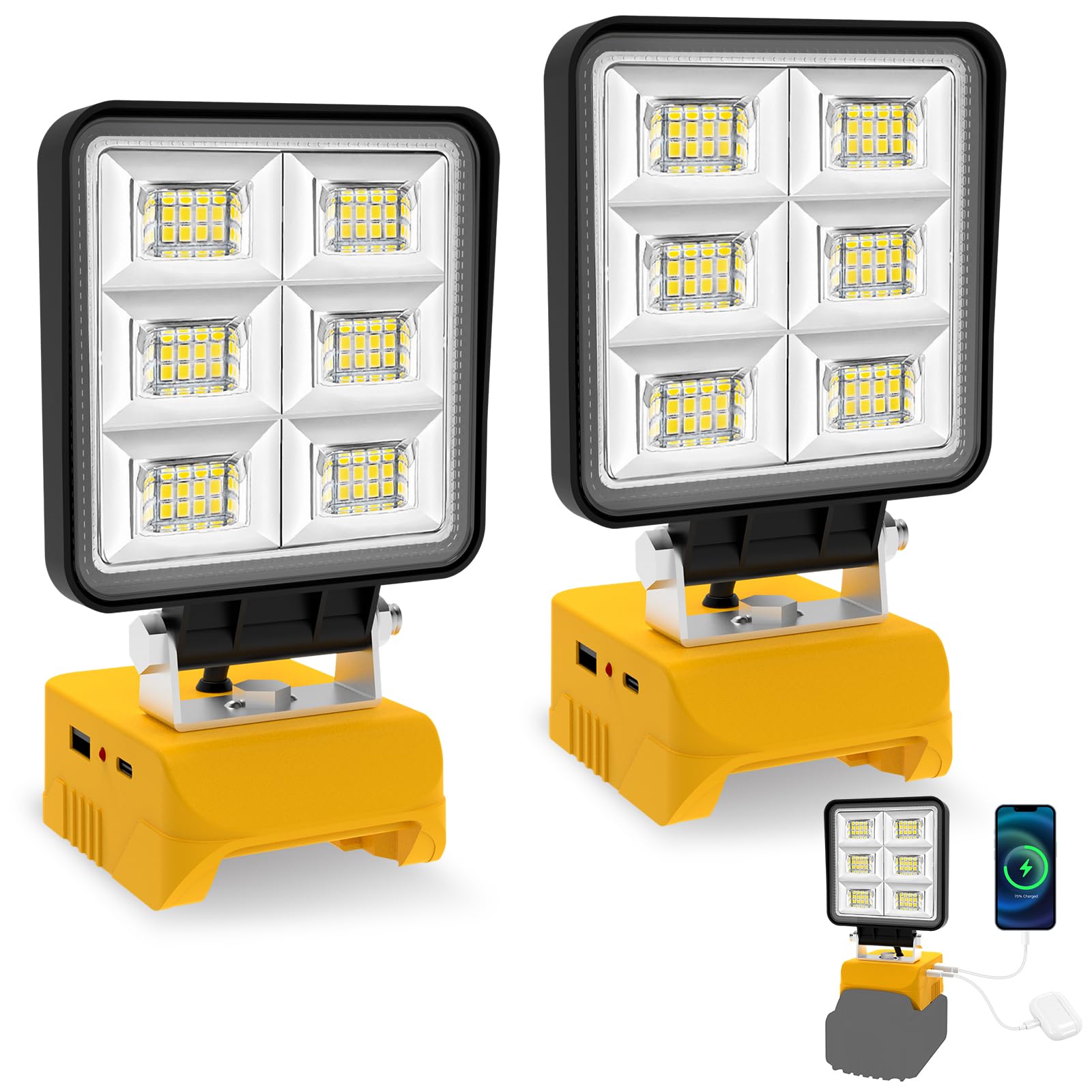 T-SUN 2-Pack Cordless LED Work Light Compatible with Dewalt 18V/20V Battery Wide Beam 48W Spotlight with Low Voltage Protection & USB-C Charging for Jobsite Emergency Workshop Garage (No Battery)