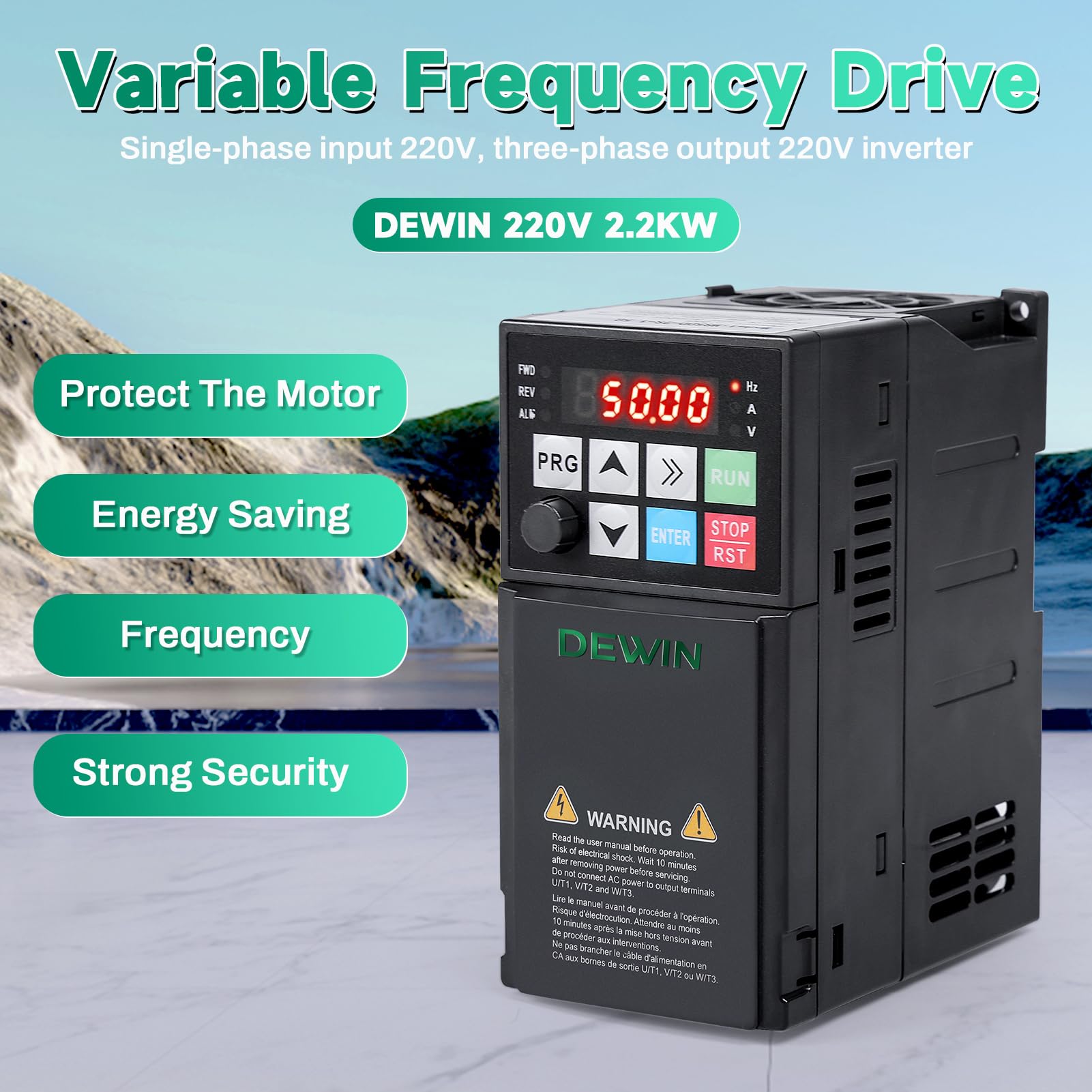 DEWIN Inverter Monofase per Motore Trifase, 2.2KW 220V Ingresso Monofase Uscita Trifase,Inverter per Motori Trifase Azionamento a Frequenza Variabile (Con Manuale in Italiano)