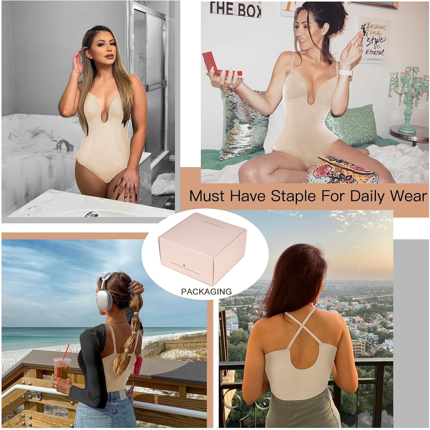 Decorus Women's Low Back Shapewear Tummy Control Deep V Neck Backless Body Shaper Plunge Thong Bridal Bodysuit Built in Bra - Image 4