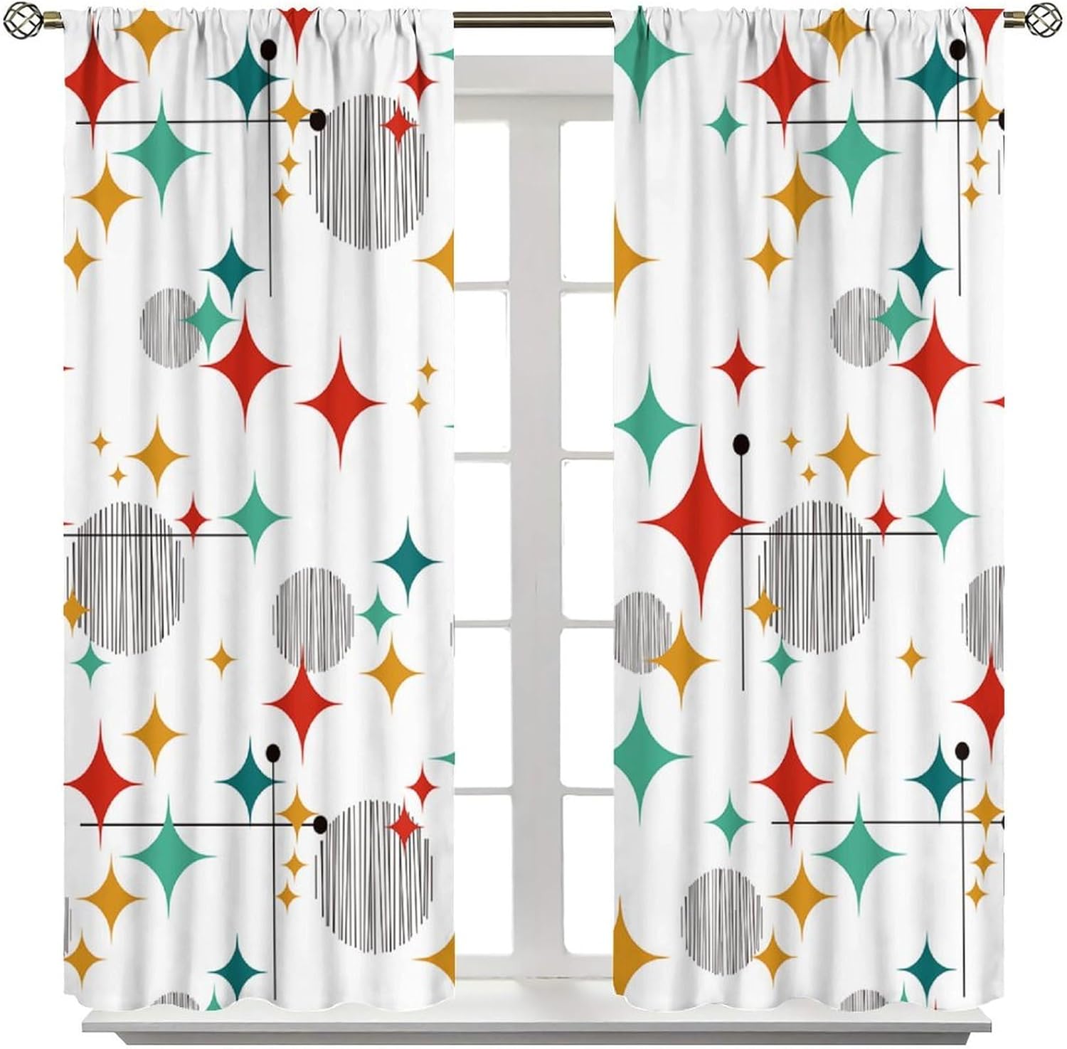 Mid Century Curtains, Modern Retro Red Green Colors Pattern Blackout Rod Pocket Window Drapes for Living Room Bedroom Kitchen Bathroom Home Decor, 63x63 Inch 2 Panels