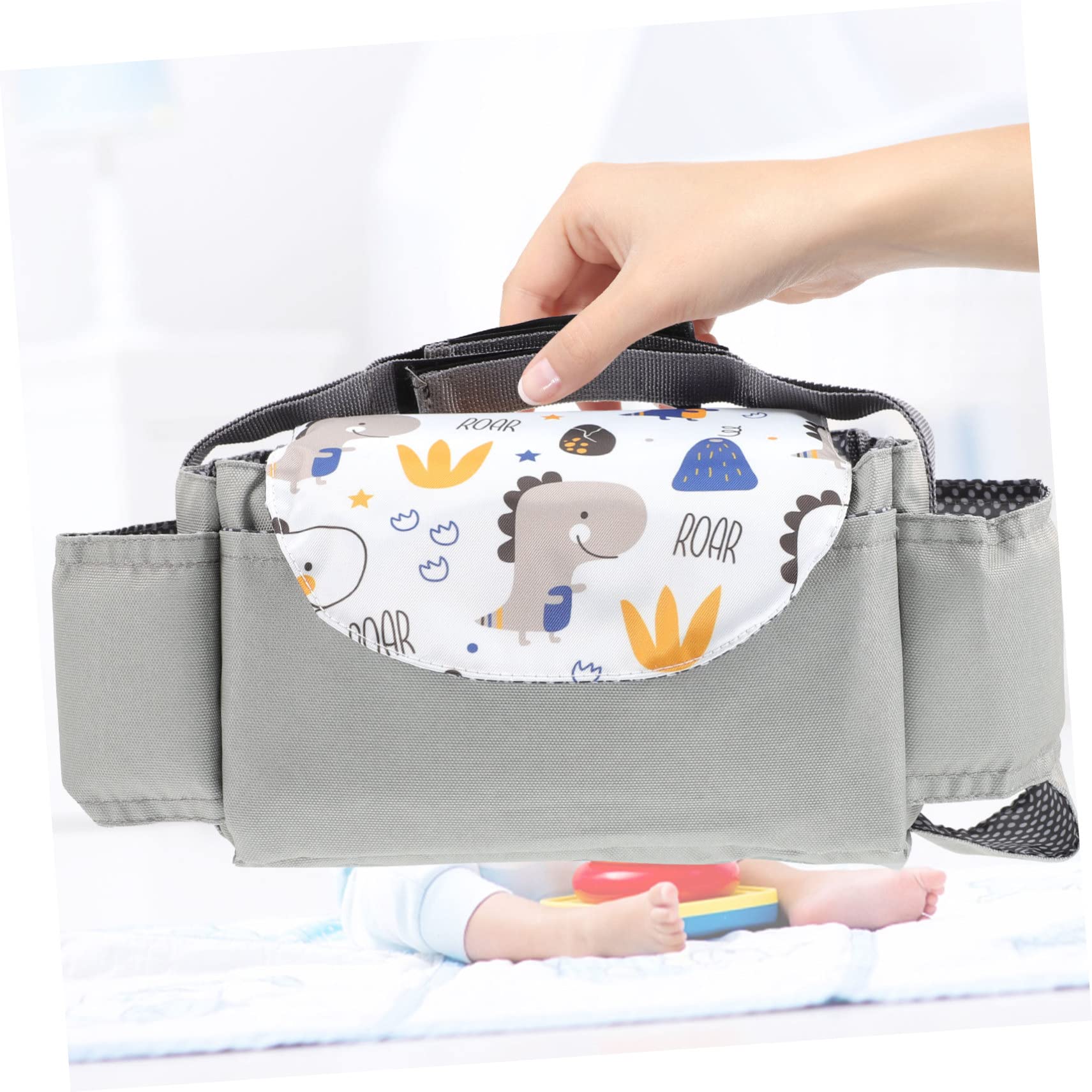 Kisangel 3stücke Kinderwagen Organizer Mit Flaschenhalter Multifunktionale Wickeltasche Für Babyartikel Praktische Aufbewahrungstasche Für Unterwegs Hellgrau Mit Dinosaurier-