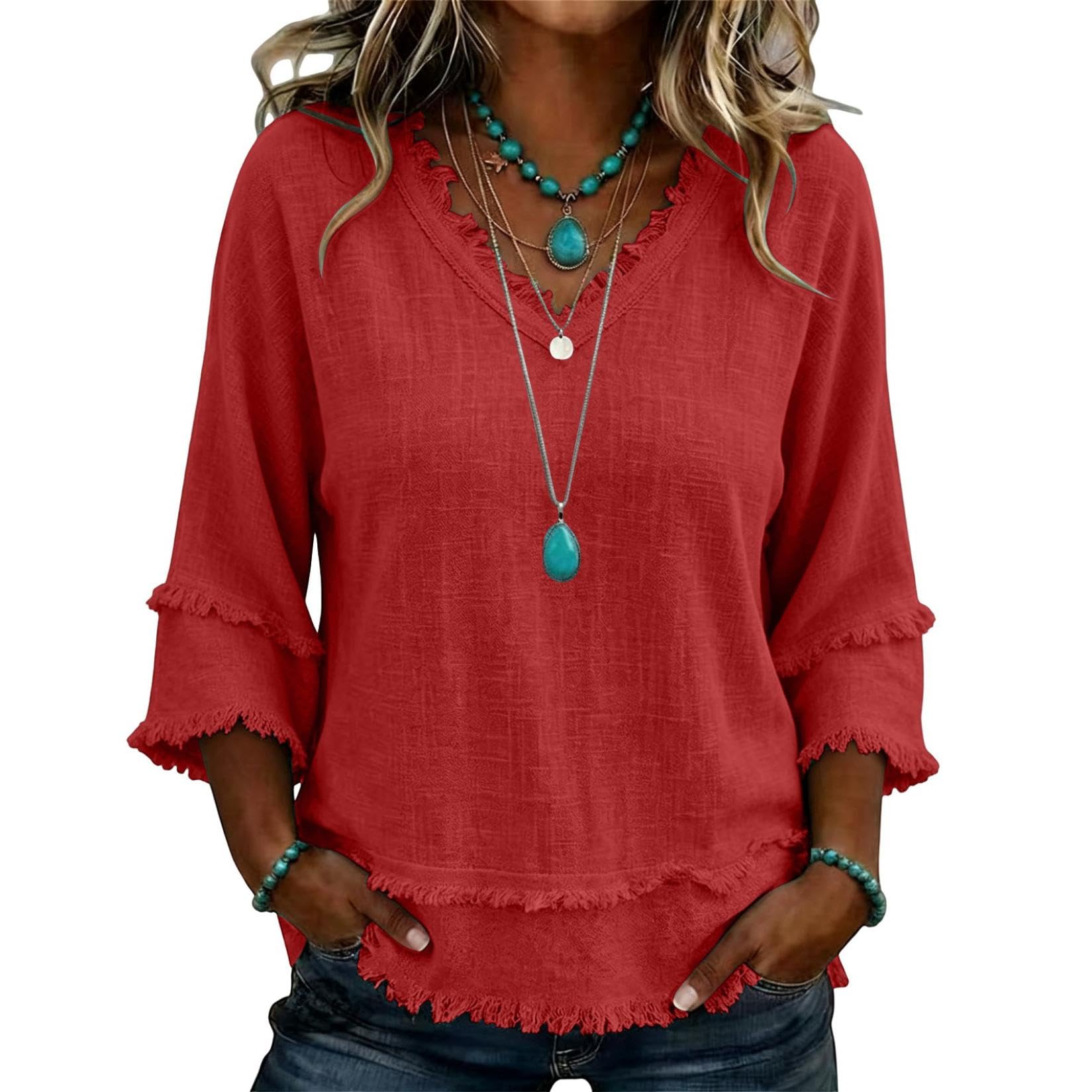 Boho Cotton Linen Tops for Women V Neck 3/4 Sleeve Fringe Peasant Blouse