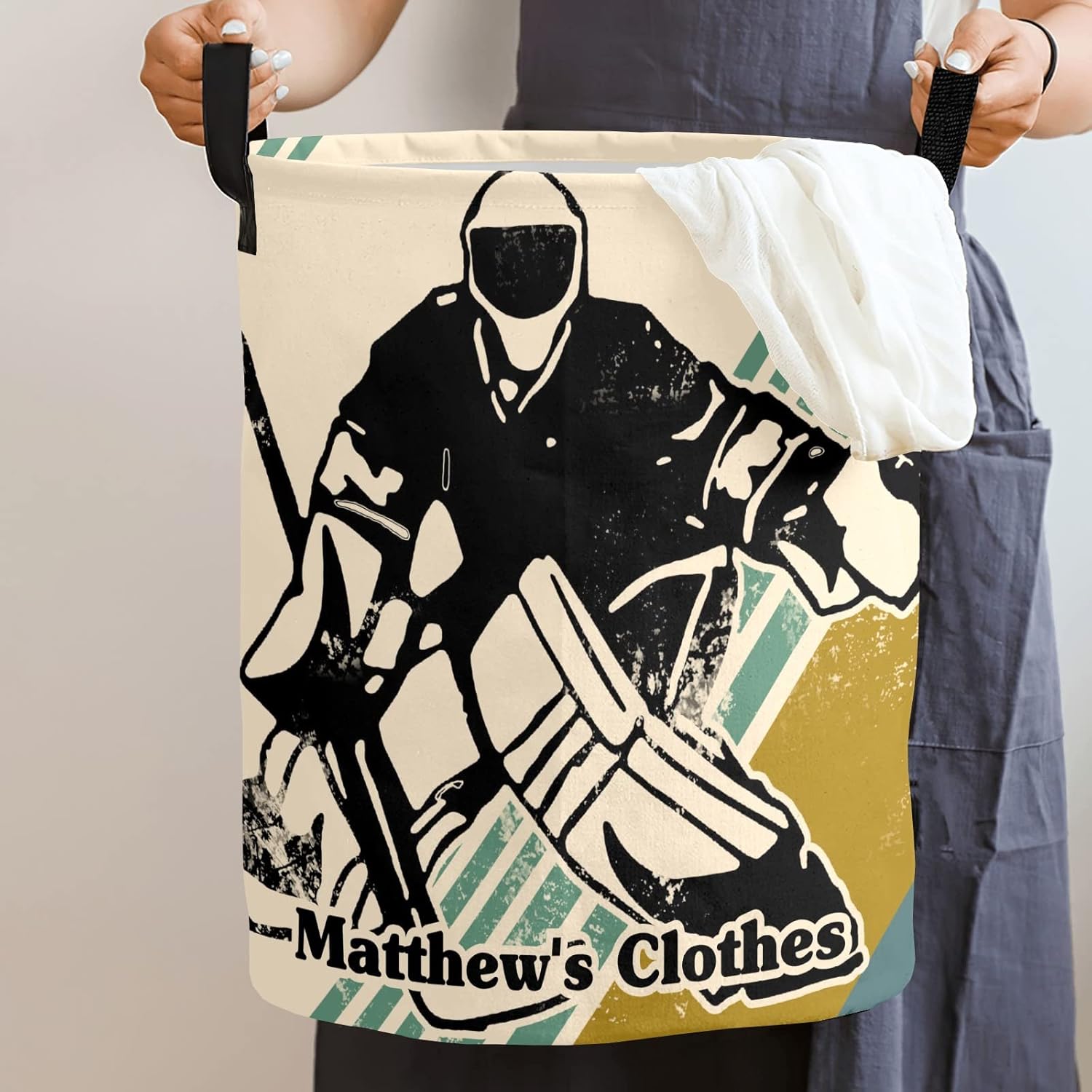 Ice Hockey Personalized Laundry Basket Clothes Hamper with Handles Waterproof,Collapsible Laundry Storage Baskets for Bathroom,Bedroom Decorative 19.7"Hx14.2"D