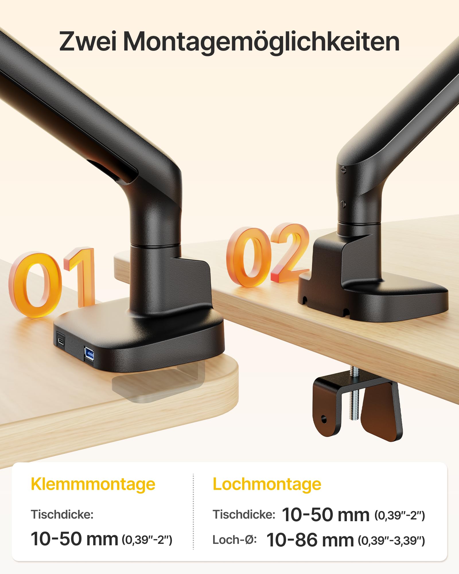 monTEK Brazo Monitor con USB, Pantallas Ultrawide 17 a 40 Pulgadas, Negro | Resorte Mecánico, Resistente hasta 12kg, VESA 75/100mm, Ajustable con Montaje de Pinza y Ojal