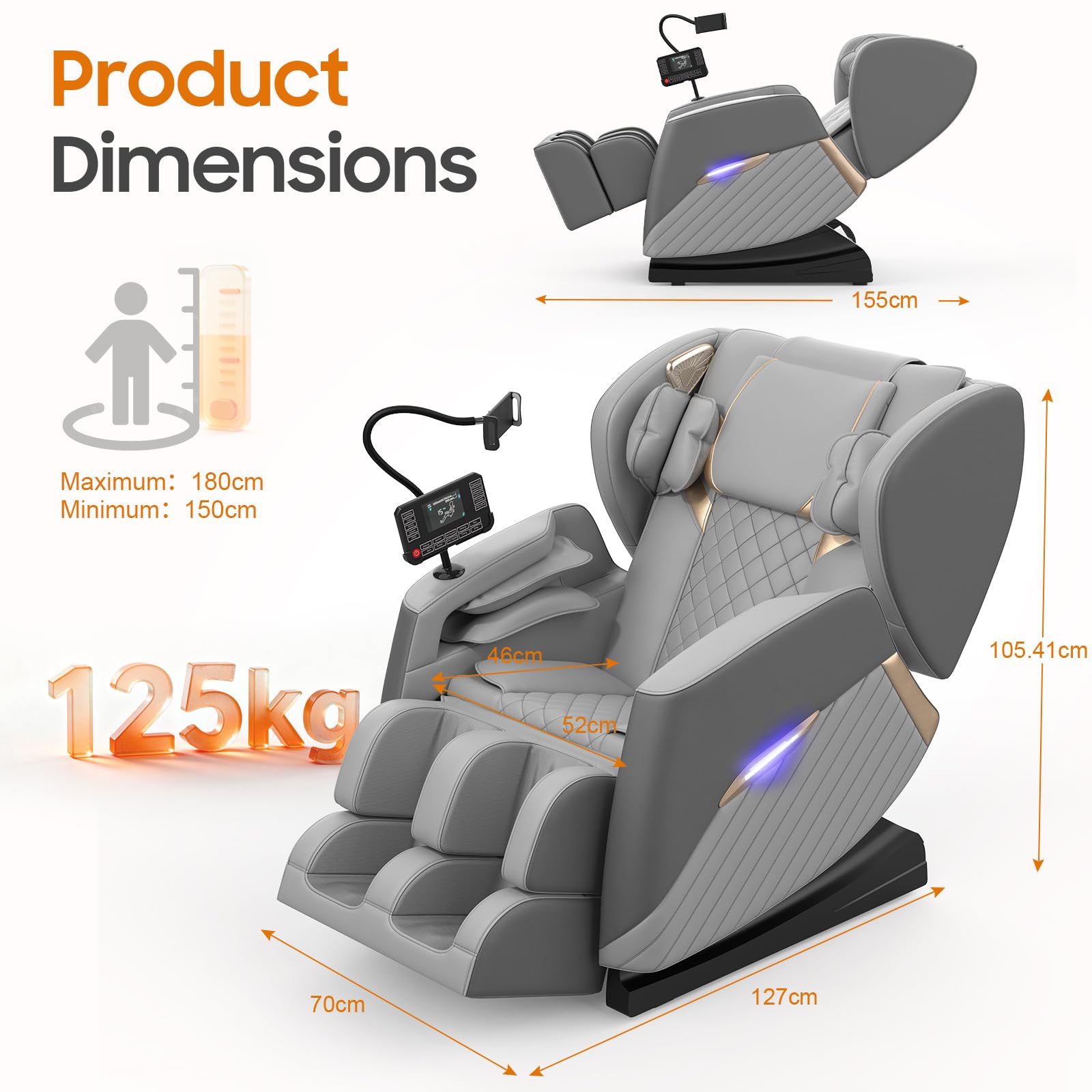 Poltrona massaggiante, con 16 rulli massaggianti, 8 airbag, Riscaldamento lombare, Rullo per polpacci e massaggio con airbag, Altoparlante Bluetooth, Telecomando touchscreen