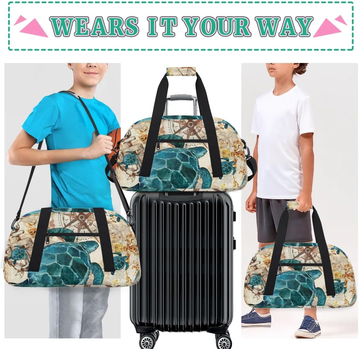 Kids Duffle Bag, Overnight Weekender Bag Travel Duffle Bag Carry-On Tote for Swim Sport Gym Bag for Boys Girls, Turtle